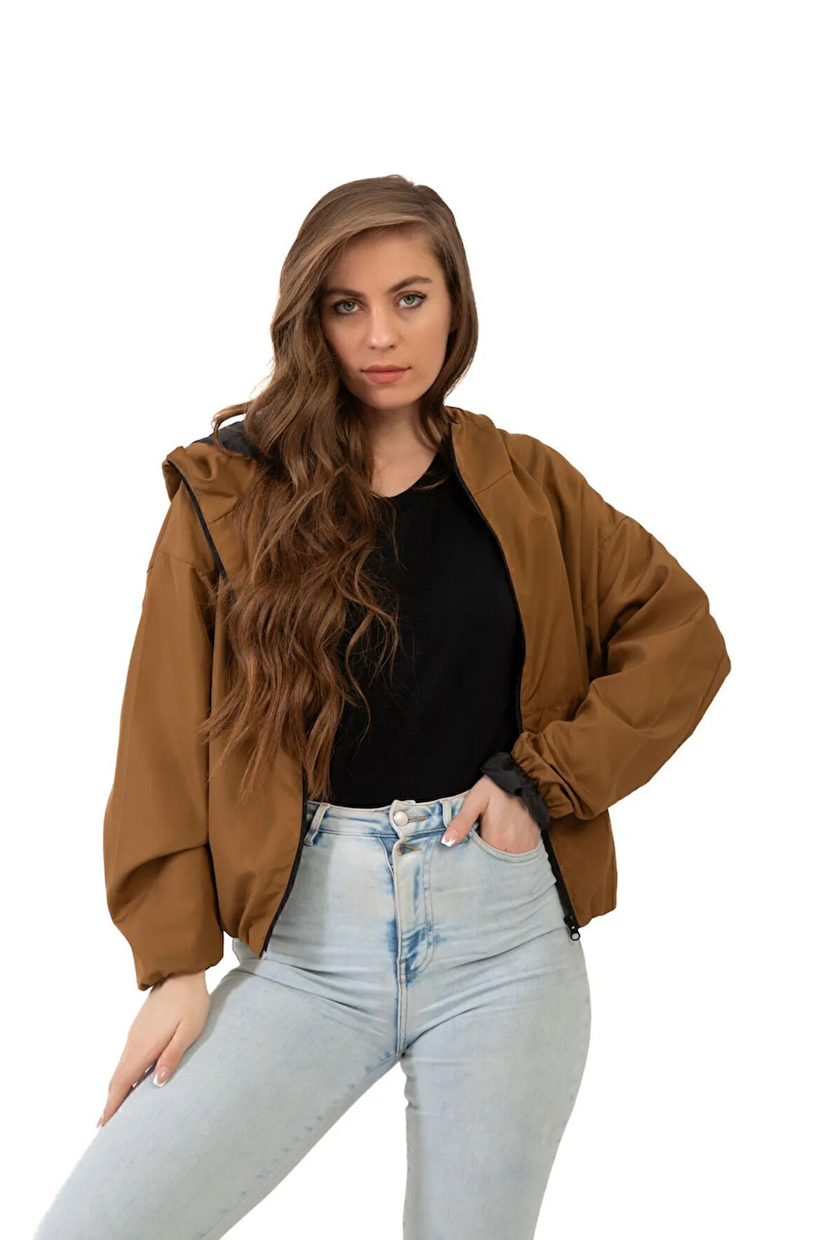 Kadın Taba Kapüşonlu Su Ve Rüzgar Geçirmez Oversize Yağmurluk - Rüzgarlık