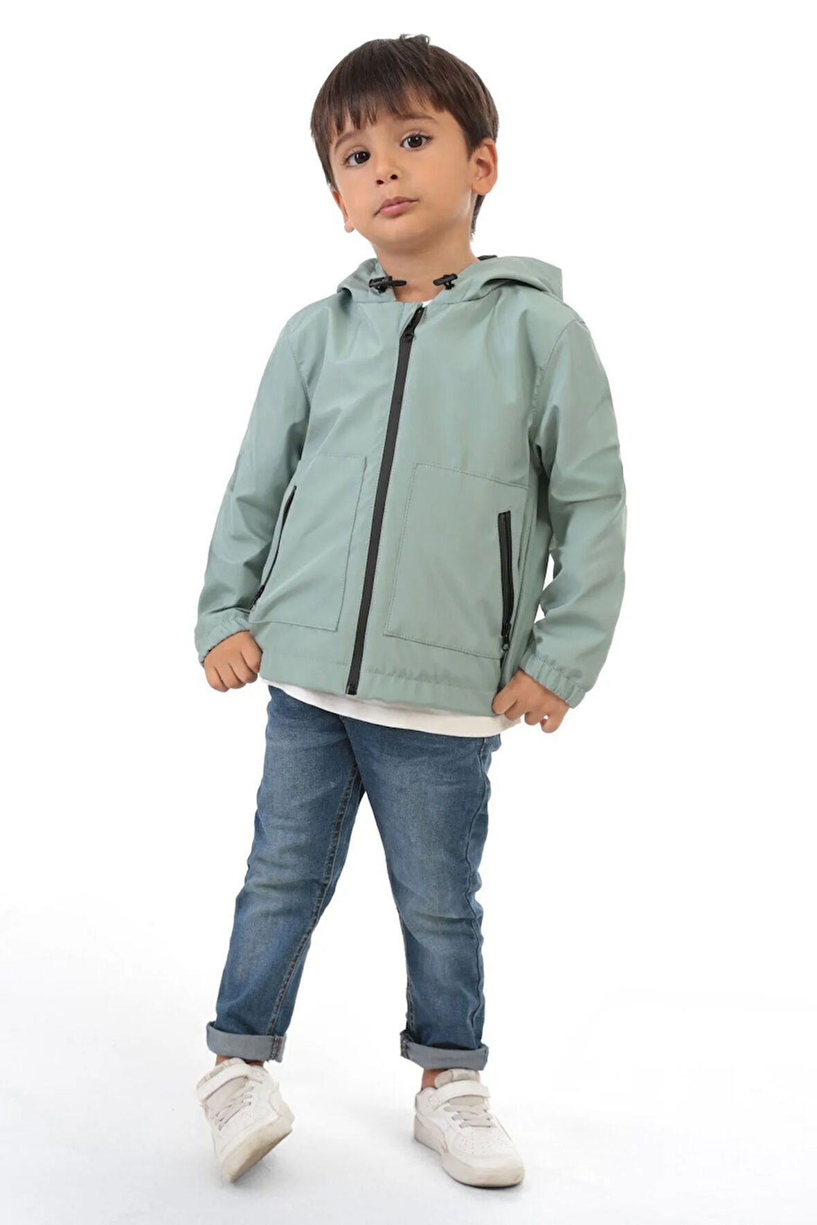 Erkek Çocuk Mint Yeşili Astarlı Su Ve Rüzgar Geçirmez Kapüşonlu Çift Fermuarlı Yağmurluk