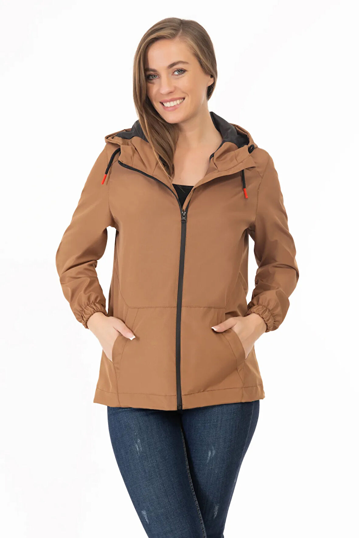 Kadın Taba Su Geçirmez Ve Rüzgara Dayanıklı Astarlı Kapüşonlu Yağmurluk - Rüzgarlık