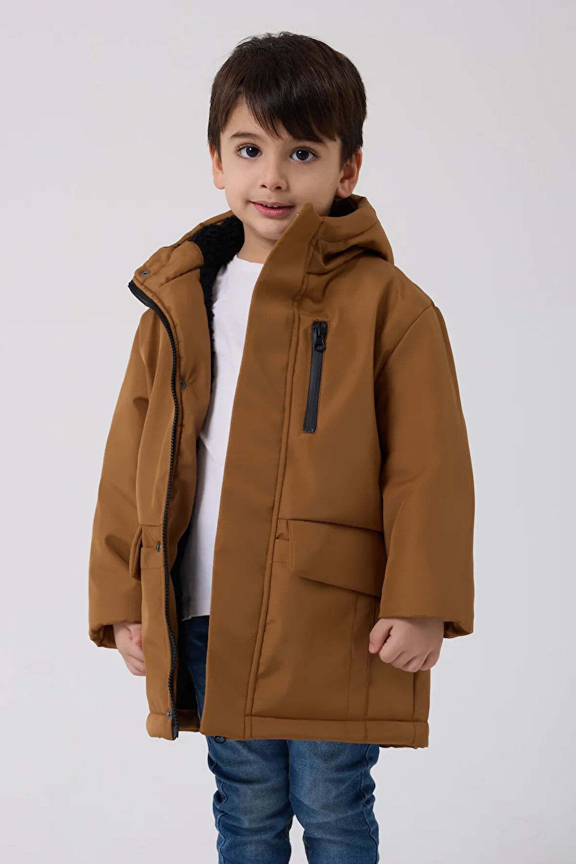 Erkek Çocuk Taba Kürklü Su Ve Rüzgar Geçirmez Kapüşonlu 3 Kışlık Mont & Kaban & Parka