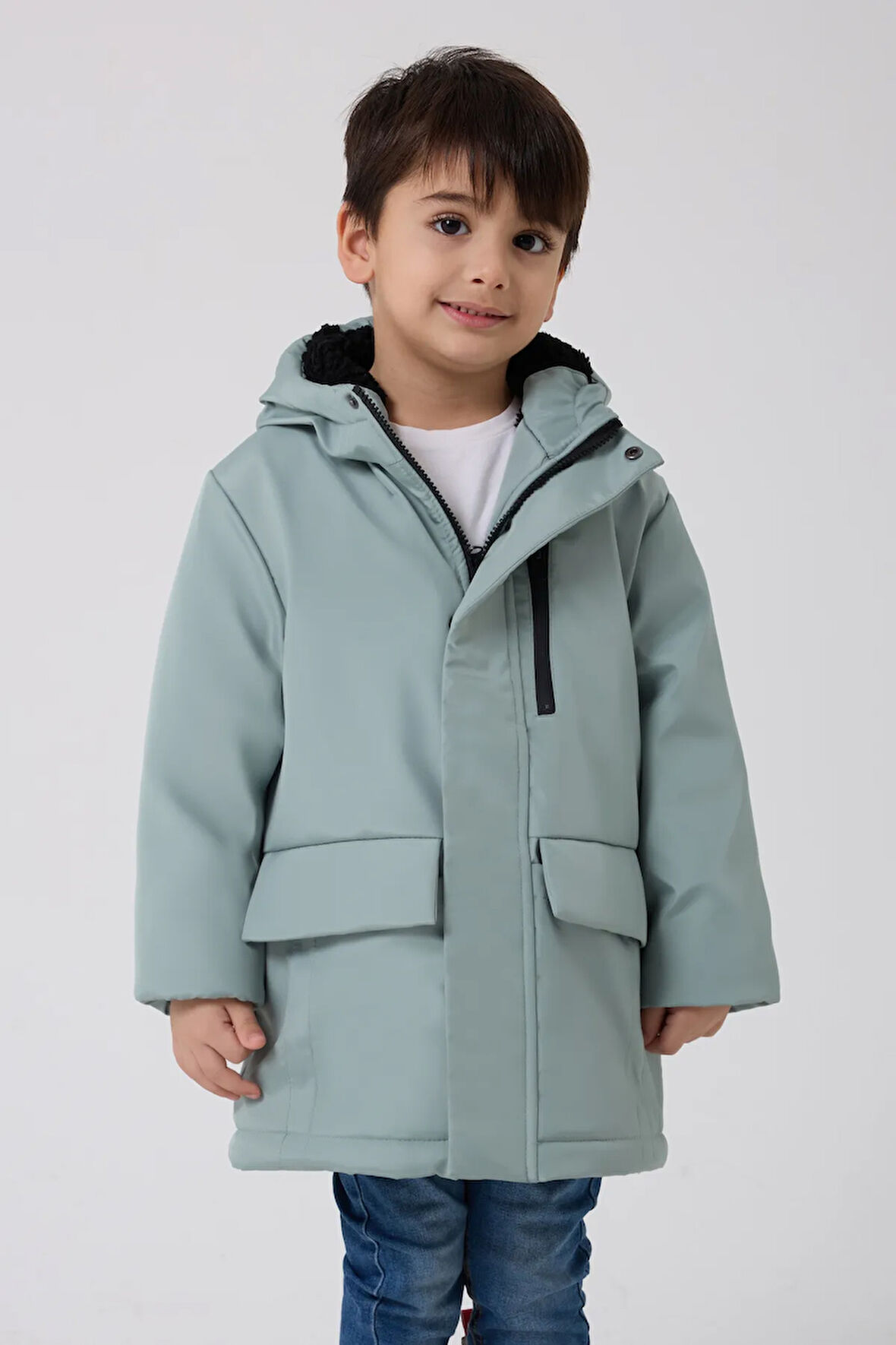 Erkek Çocuk Mint Yeşil Kürklü Su Ve Rüzgar Geçirmez Kapüşonlu 3 Kışlık Mont & Kaban & Parka