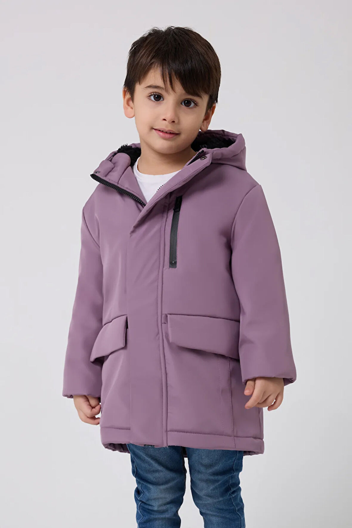 Erkek Çocuk Lila Kürklü Su Ve Rüzgar Geçirmez Kapüşonlu 3 Kışlık Mont & Kaban & Parka