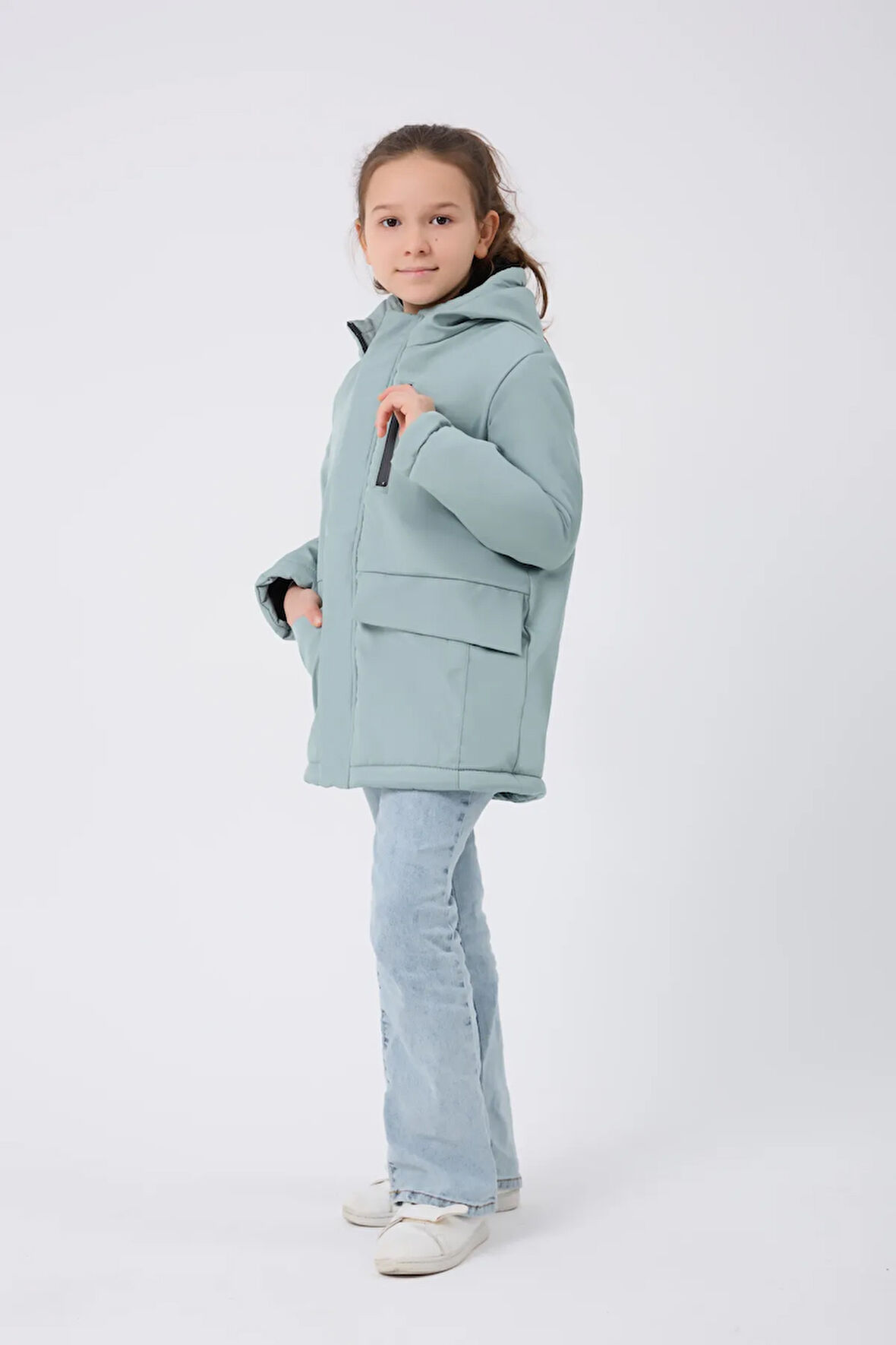 Kız Çocuk Mint Yeşil Kürklü Su Ve Rüzgar Geçirmez Kapüşonlu 3 Kışlık Mont & Kaban & Parka