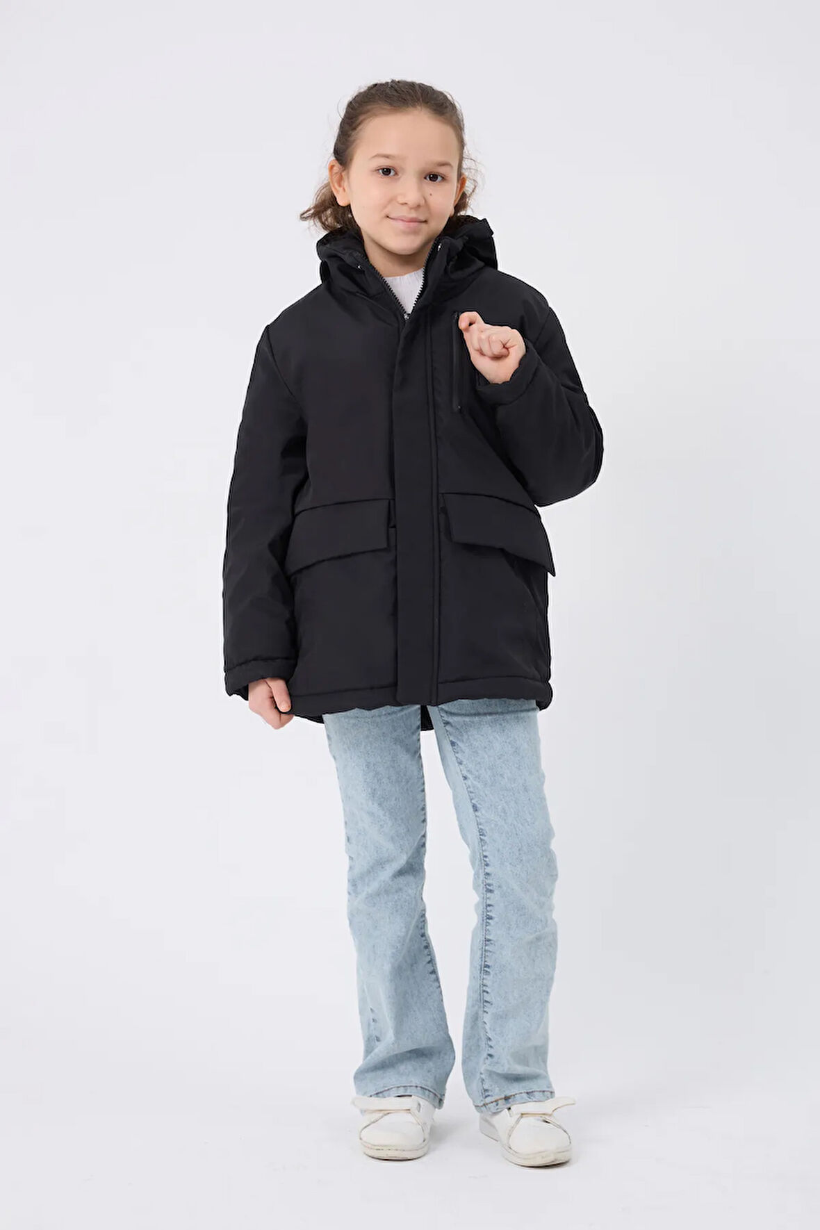 Kız Çocuk Siyah Kürklü Su Ve Rüzgar Geçirmez Kapüşonlu 3 Kışlık Mont & Kaban & Parka