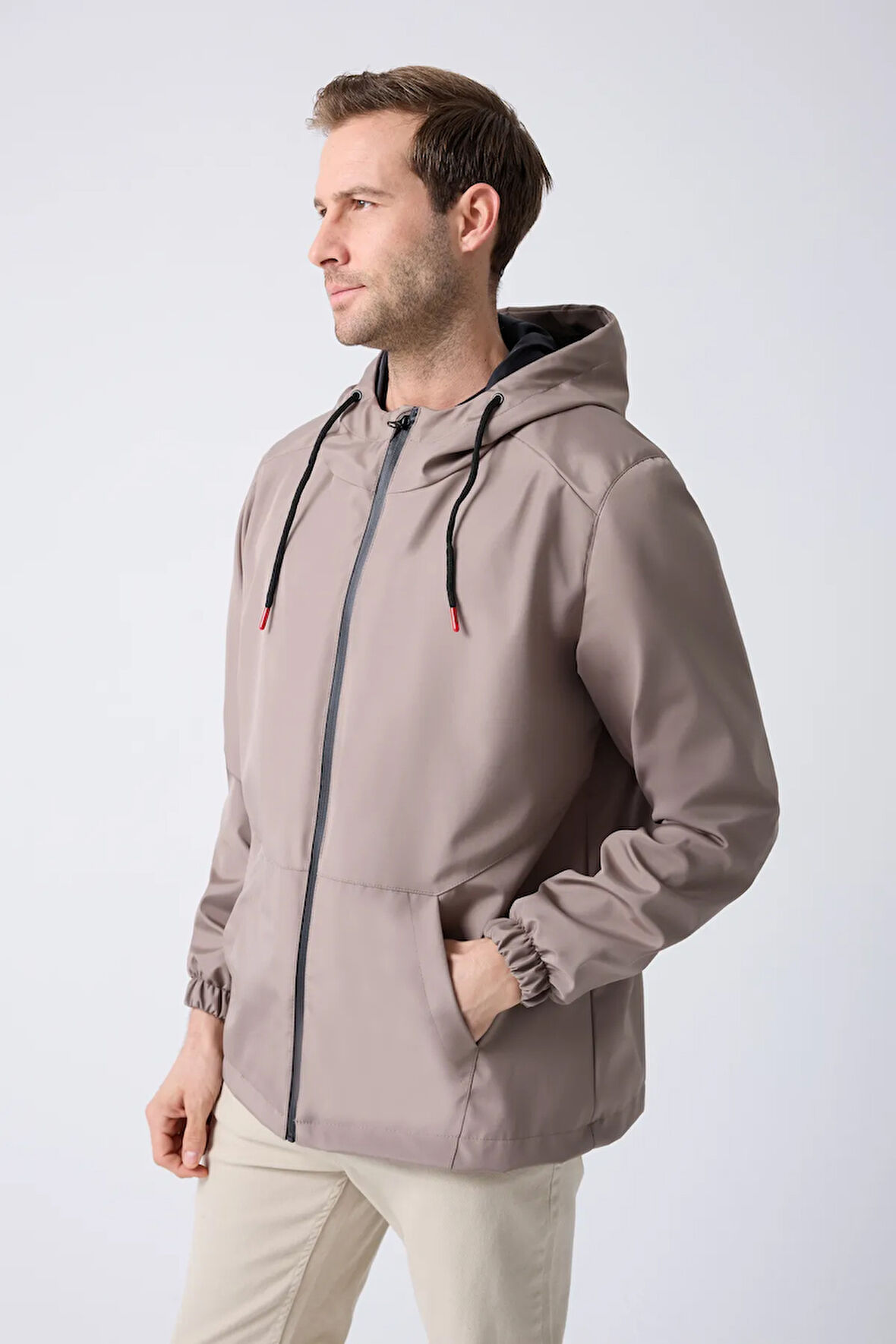 Erkek Vizon Astarlı Kanguru Su Ve Rüzgar Geçirmez Kapüşonlu Yağmurluk