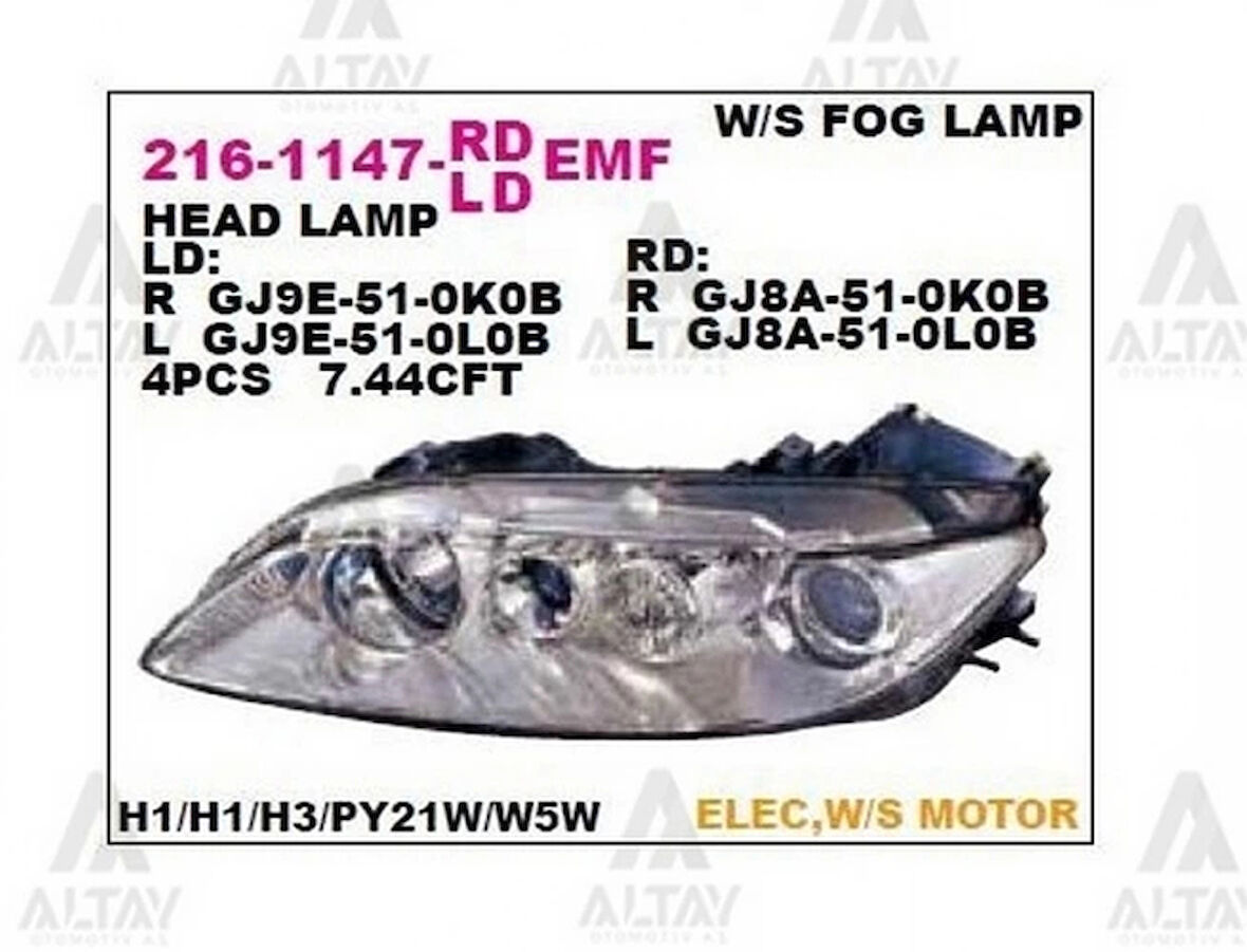 Far Mazda-6 2003-2006 Motorlu Sol (1 Adet) (Oem No: Gj6A-51-0L0C)