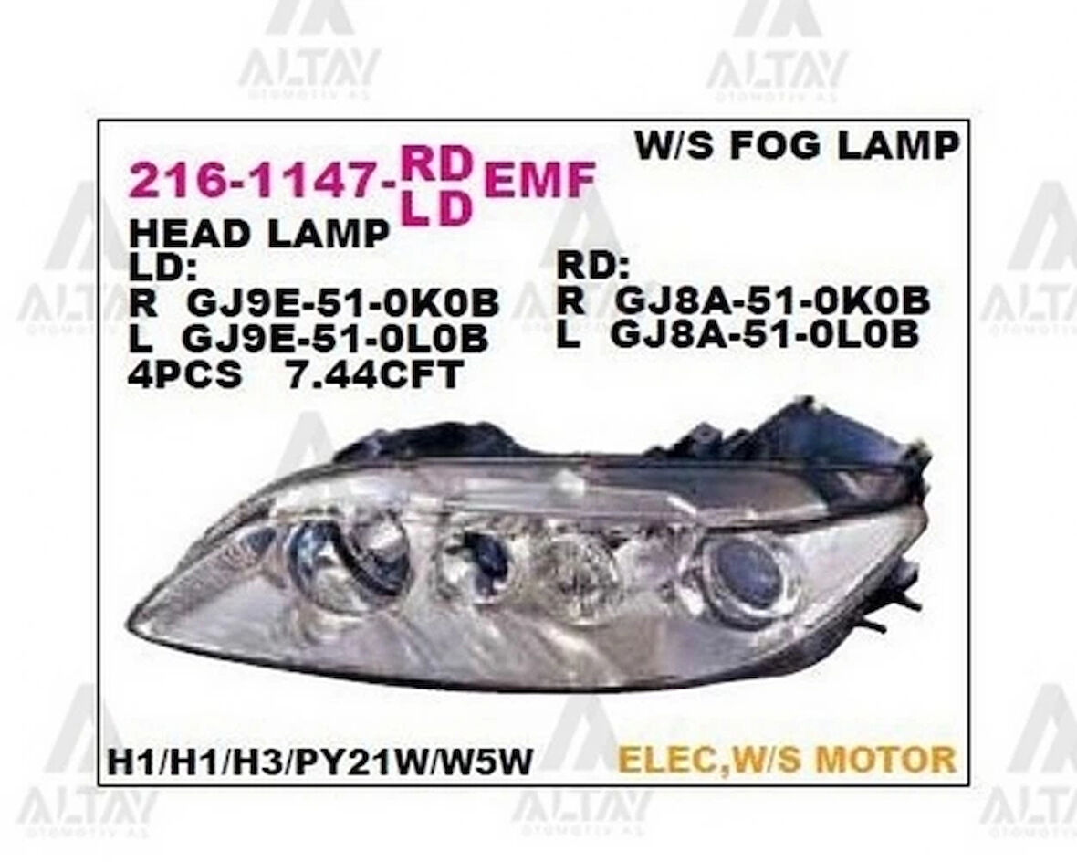 Far Mazda-6 2003-2006 Motorlu Sağ (1 Adet) (Oem No: Gj6A-51-0K0C)