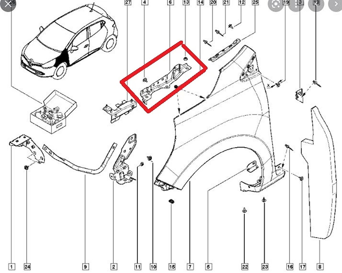 Renault Clıo- 4- Hb- 13/16; Ön Çamurluk Bağlantı Suportu Sol (Orta Kısım) (Sac) (Eagle Body) (Oem No: 641356433R)