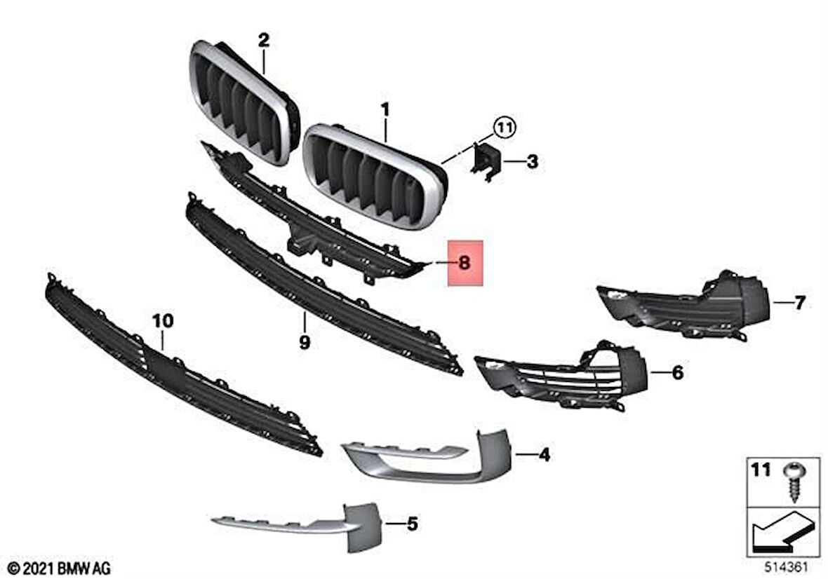 Tampon Izgarası Ön Orta Üst Bmw X5 F15 Bm 14-18 (Oem No: Bmw 51117294476)