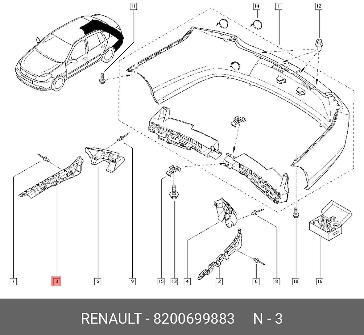 Renault Clio Thalia 2000- Tampon Braketi Arka Sağ (Oem No:8200699883)