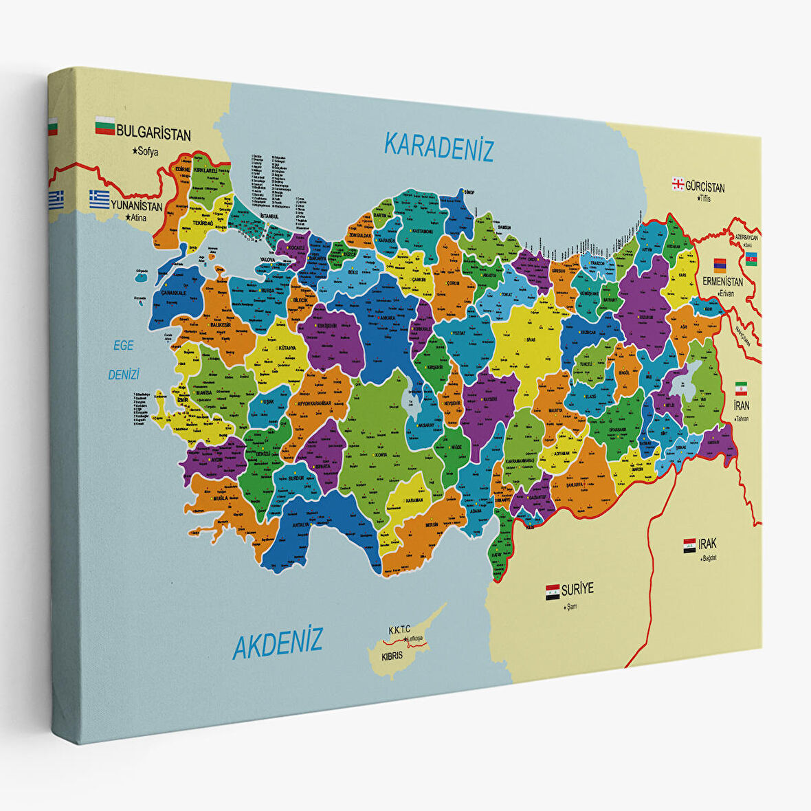 Türkiye Haritası Kanvas Tablo İl ve İlçeli Ayrıntılı Eğitici Komşulu Tablo 3004