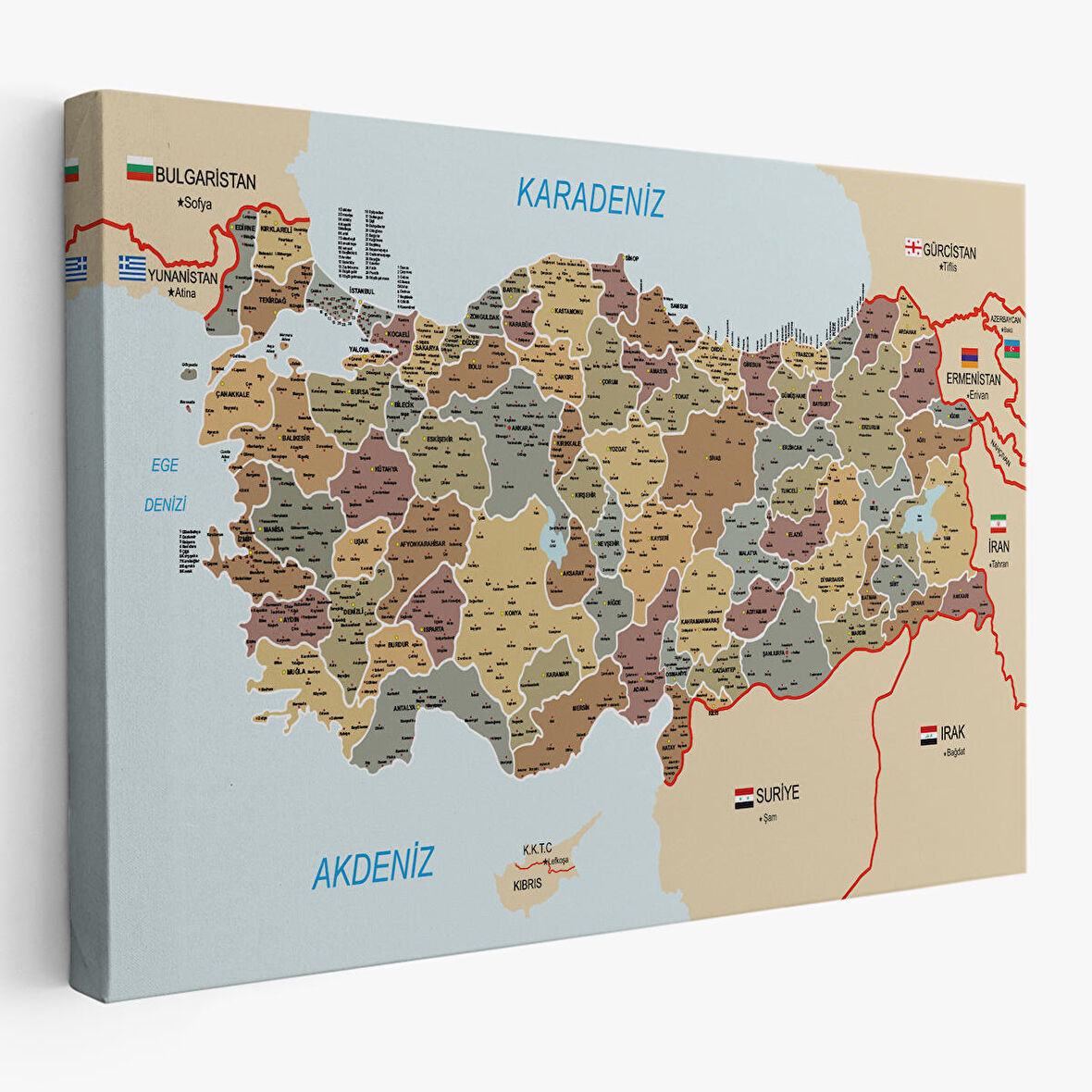 Türkiye Haritası Kanvas Tablo İl ve İlçeli Ayrıntılı Eğitici Komşulu Tablo 3022