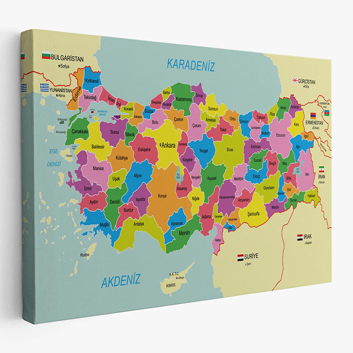 Türkiye Haritası Kanvas Tablo Sınır Komşulu Eğitici Dekoratif Tablo 3085
