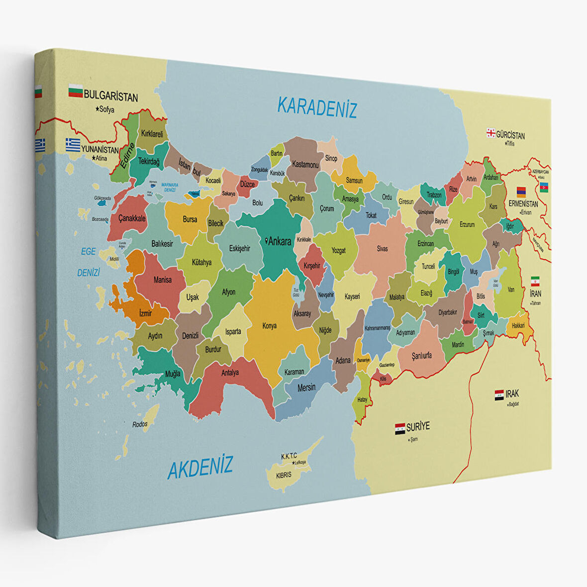 Türkiye Haritası Kanvas Tablo Sınır Komşulu Eğitici Dekoratif Tablo 3092