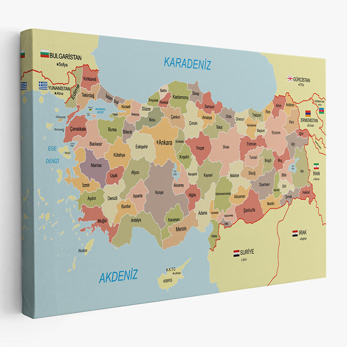 Türkiye Haritası Kanvas Tablo Sınır Komşulu Eğitici Dekoratif Tablo 3101
