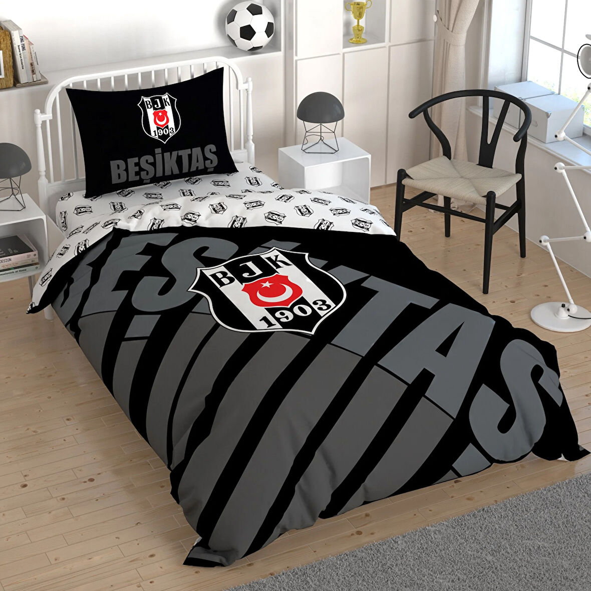 Taç Lisanslı Beşiktaş Siyah Logo Pamuk Tek Kişilik Nevresim Takımı