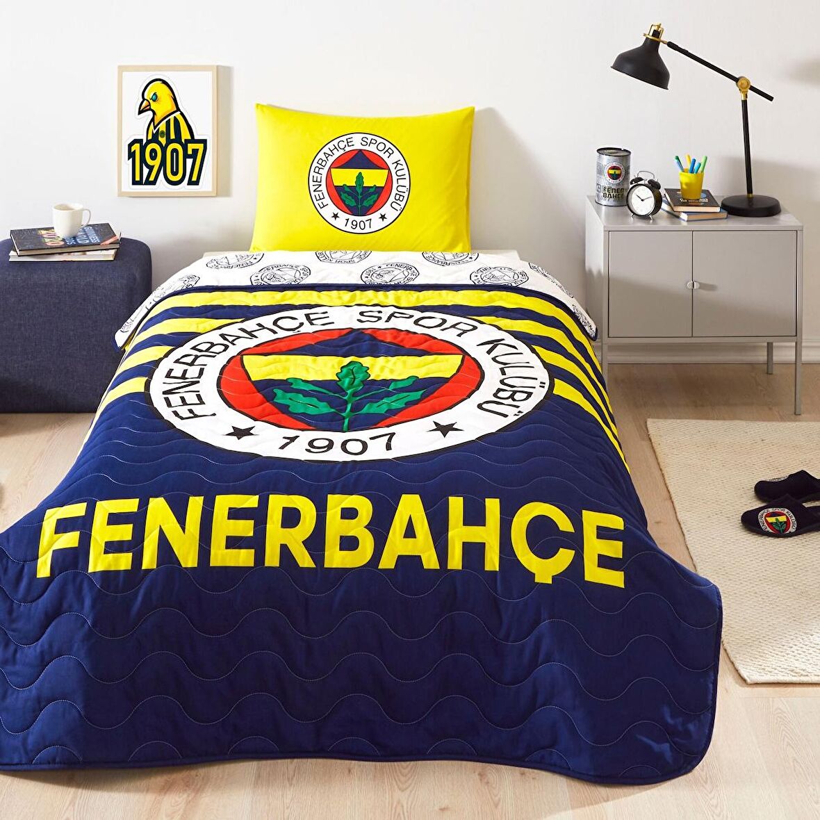 Lisanslı Fenerbahçe Stripe Tek Kişilik Yatak Örtüsü Seti