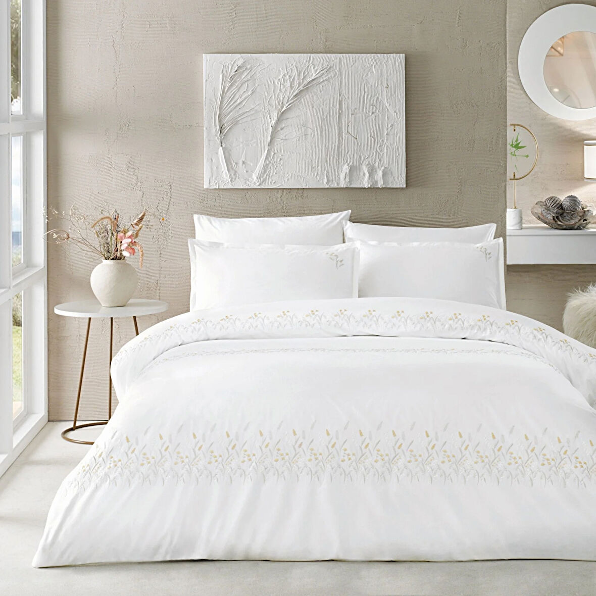 Linens Premium Chıffon Pamuk Brode Süper King Nevresim Takımı Beyaz