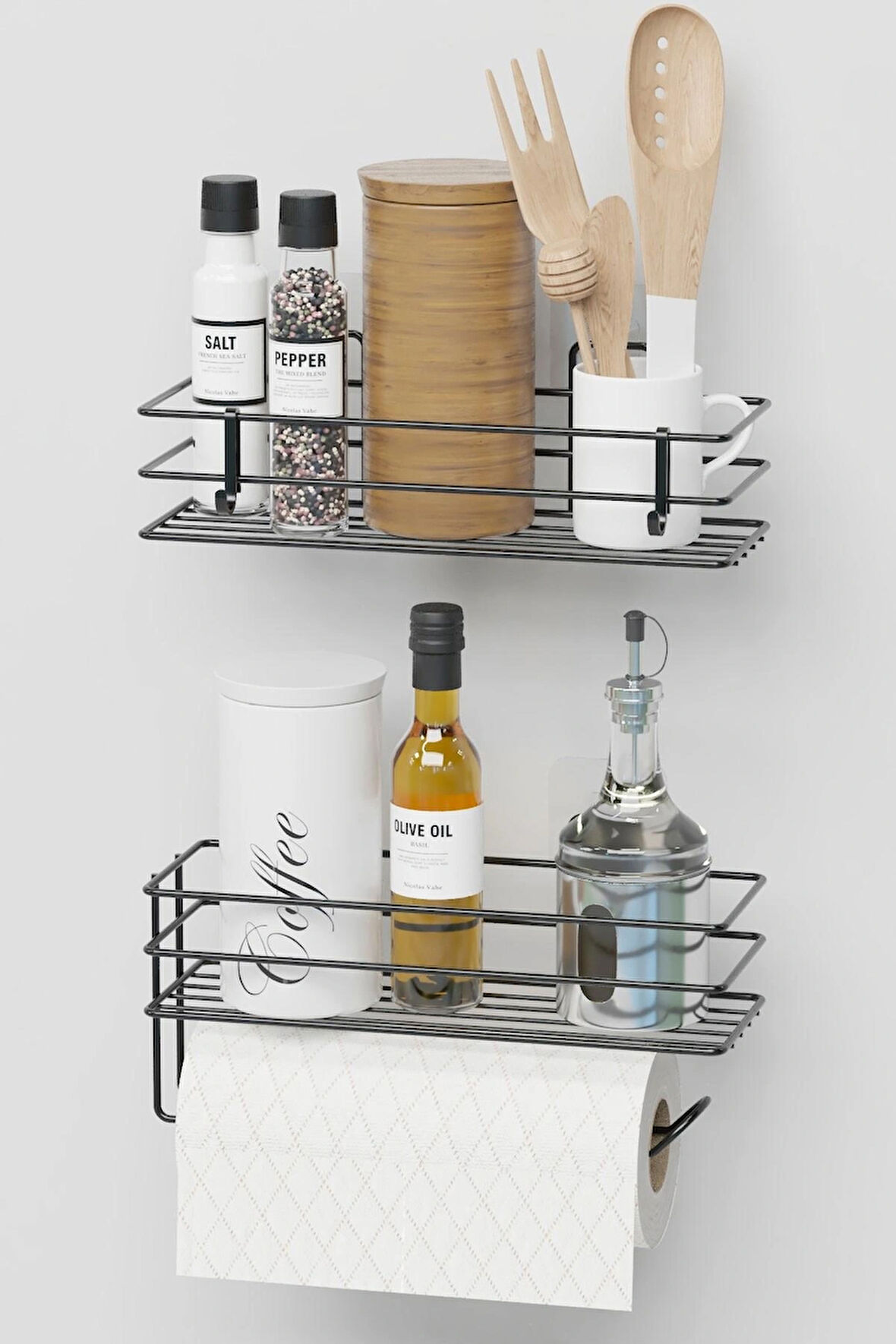 Yapışkanlı Mutfak Rafı 2 li Set Kağıt Havlu Askılı Mutfak Düzenleyici Siyah Organizer