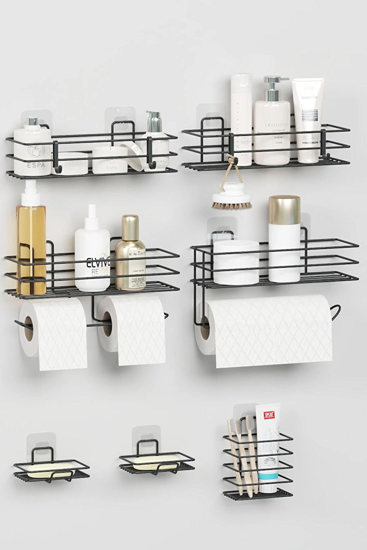 7 Parça Yapışkanlı Full Banyo Seti Duş Rafı Havluluk Tuvalet Kağıtlık Sabunluk Diş Fırçalık