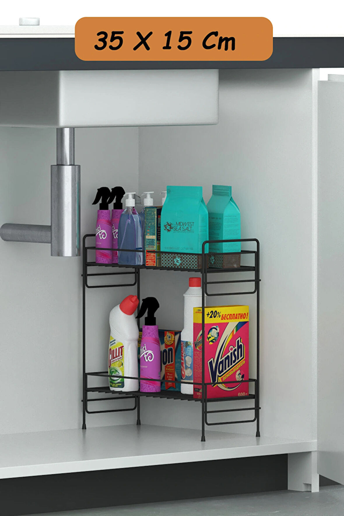 2 Katlı Evye Tezgah Altı Raf Banyo Mutfak Dolabı Çok Amaçlı Düzenleyici Deterjanlık Organizer