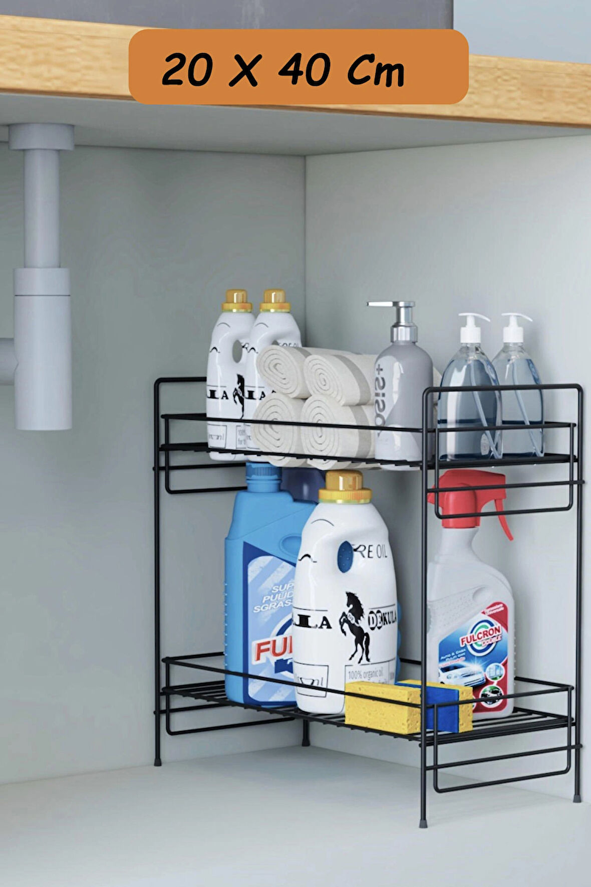 2 Katlı Evye Tezgah Altı Raf Banyo Mutfak Dolabı Çok Amaçlı Düzenleyici Deterjanlık Organizer 20x40