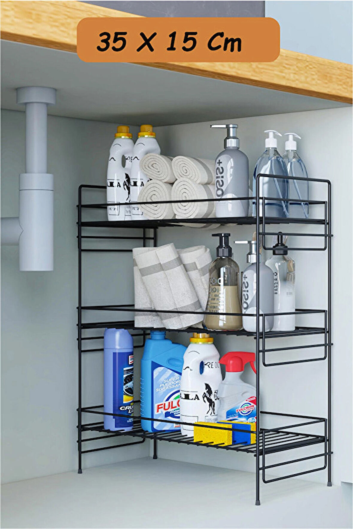  3 Katlı Evye Tezgah Altı Raf Banyo Mutfak Dolabı Çok Amaçlı Düzenleyici Deterjanlık Organizer