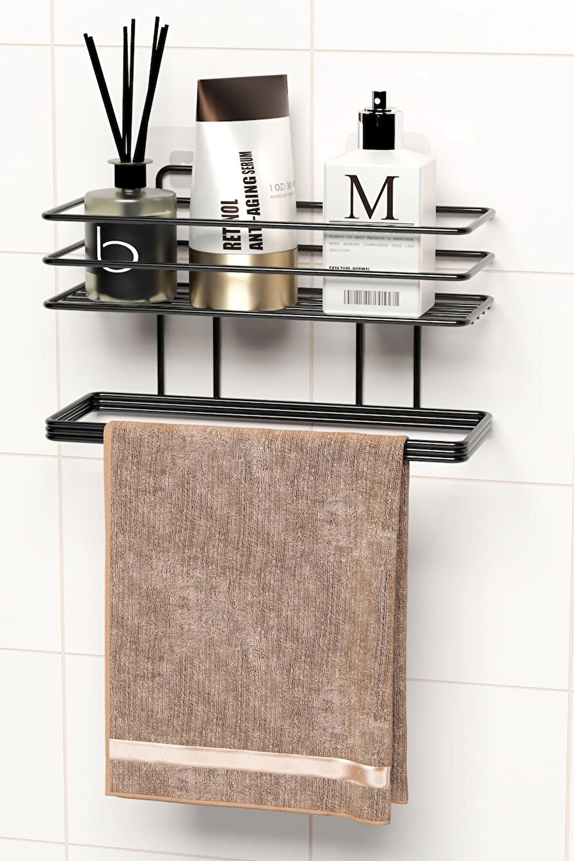 Yapışkanlı Banyo Rafı Havlu Asıcı Raf Duş Şampuanlık Rafı Duvar Düzenleyici Organizer Havluluk