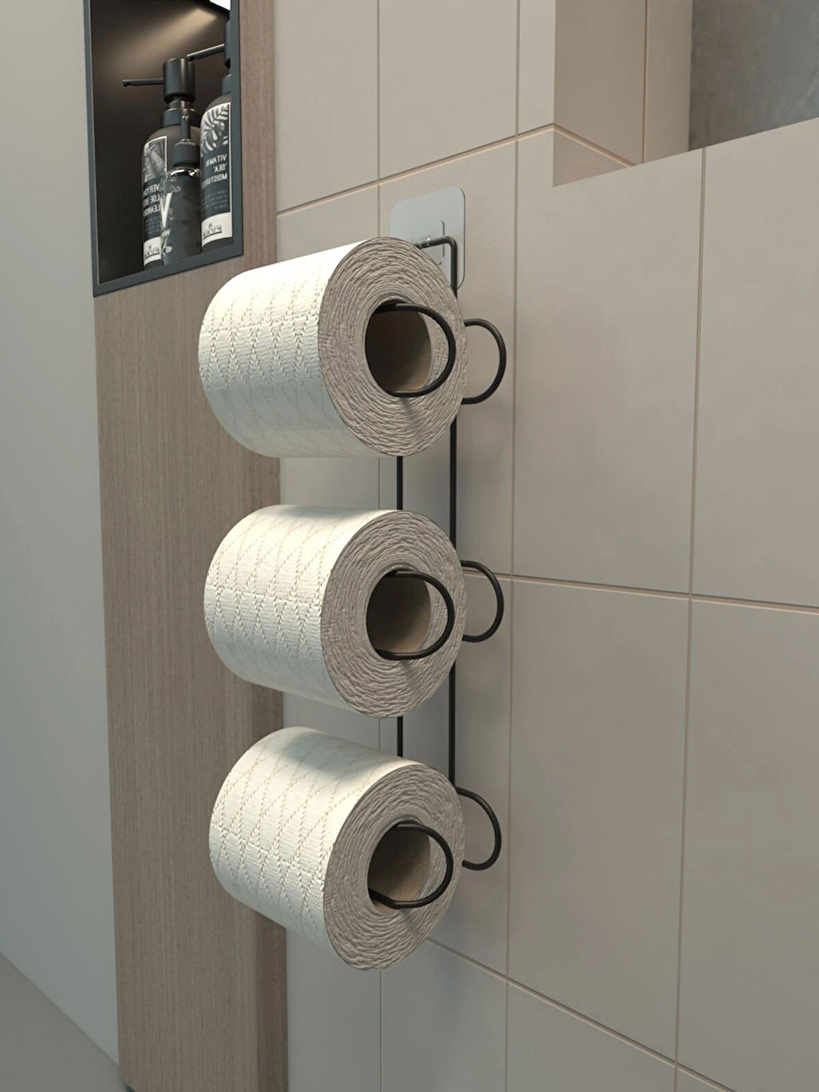 3 Katlıyapışkanlı Tuvalet Kağıtlığı Tutacağı Askısı Mat Siyah Metal Tuvalet Kağıtlık