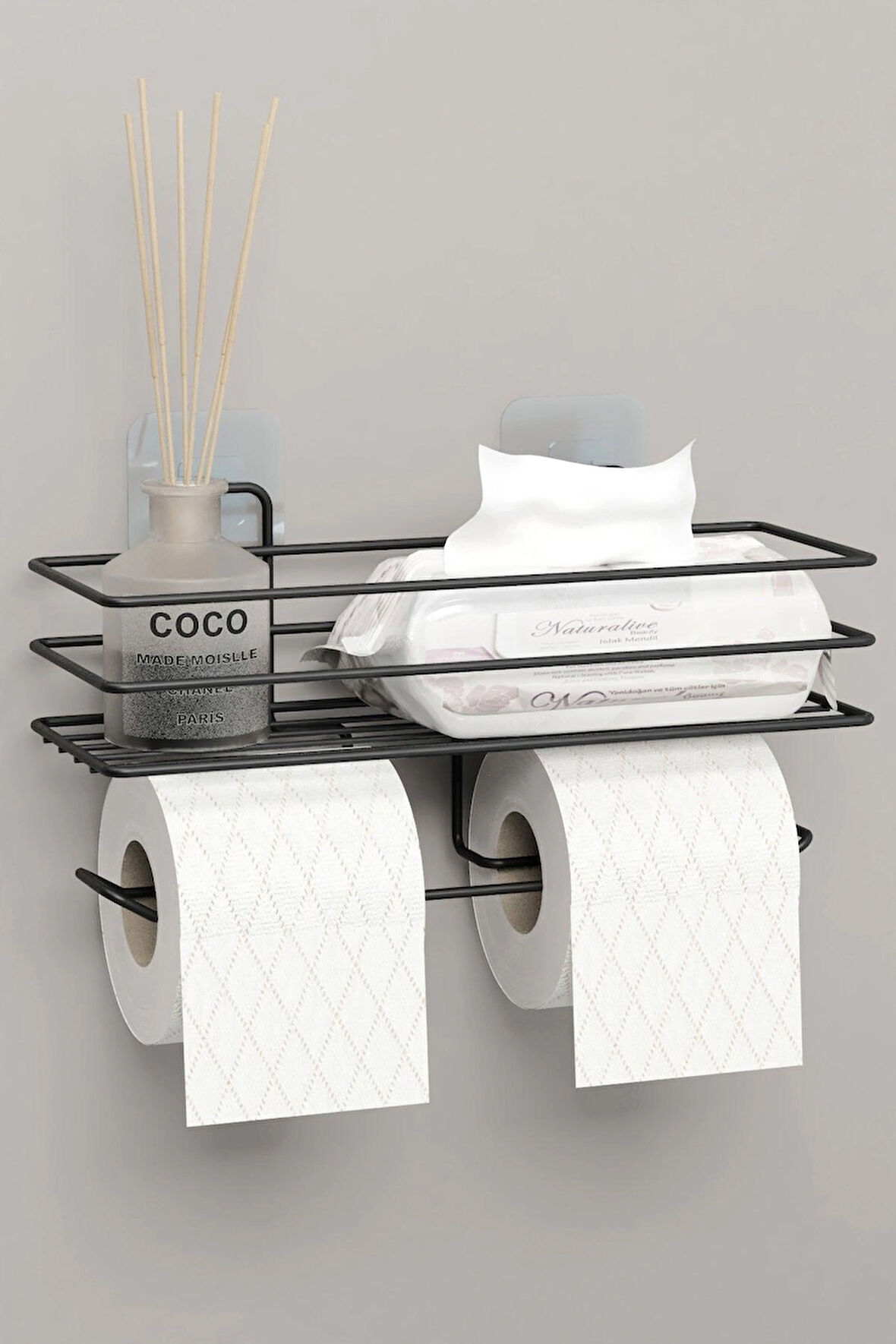 Yapışkanlı Çiftli Tuvalet Kağıtlığı Tutacağı Askısı Mat Siyah Metal Tuvalet Kağıtlık