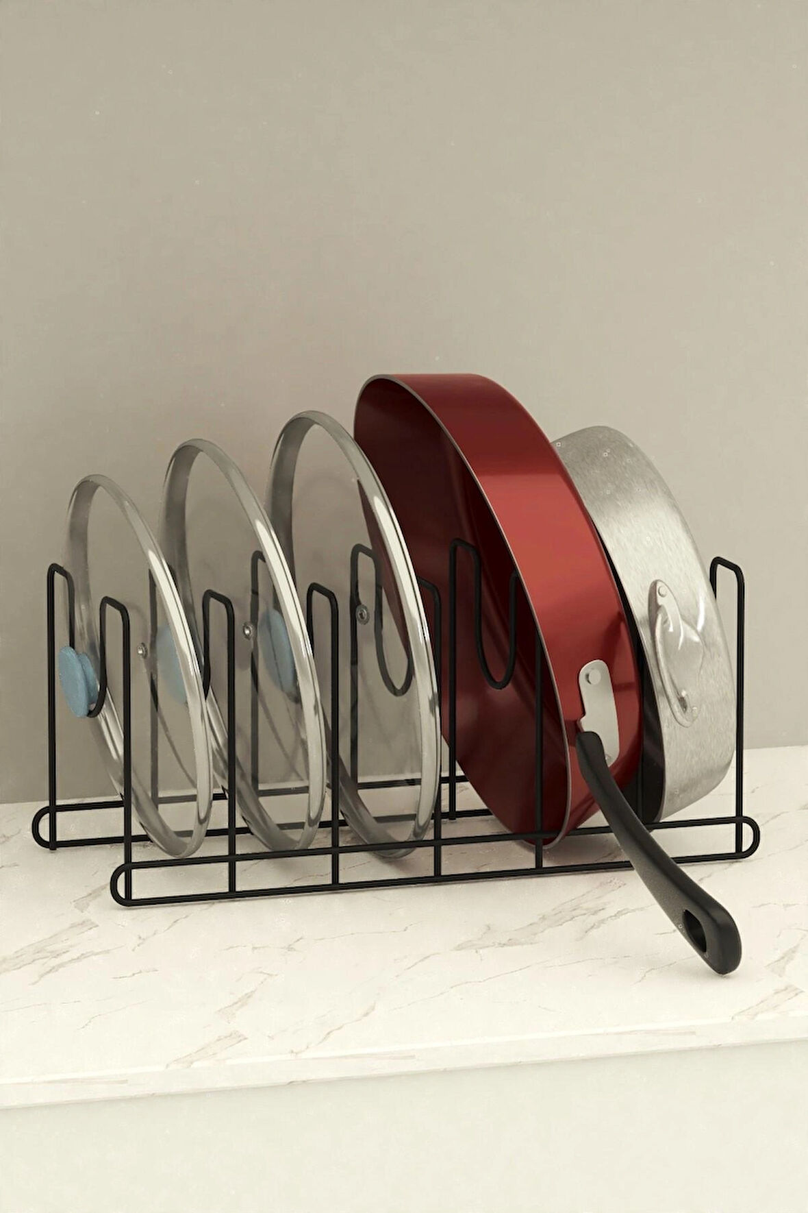 Metal Siyah Renk Tava Ve Tencere Kapağı Düzenleyici Raf Mutfak Dolabı Tel Tencere Tava Organizeri