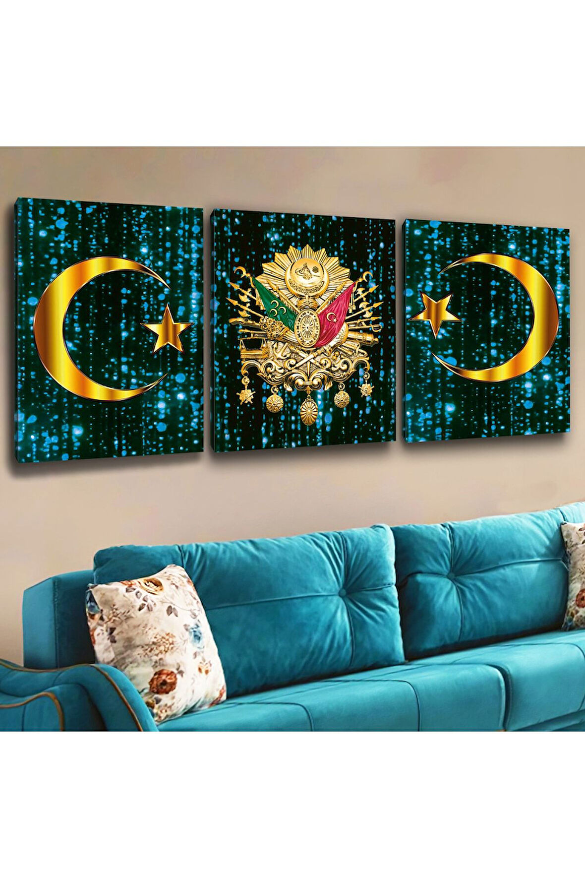 Zevahir Mavi Osmanlı Tuğra Gold Hilal Kanvas Tablo 40x60 cm 3 Adet