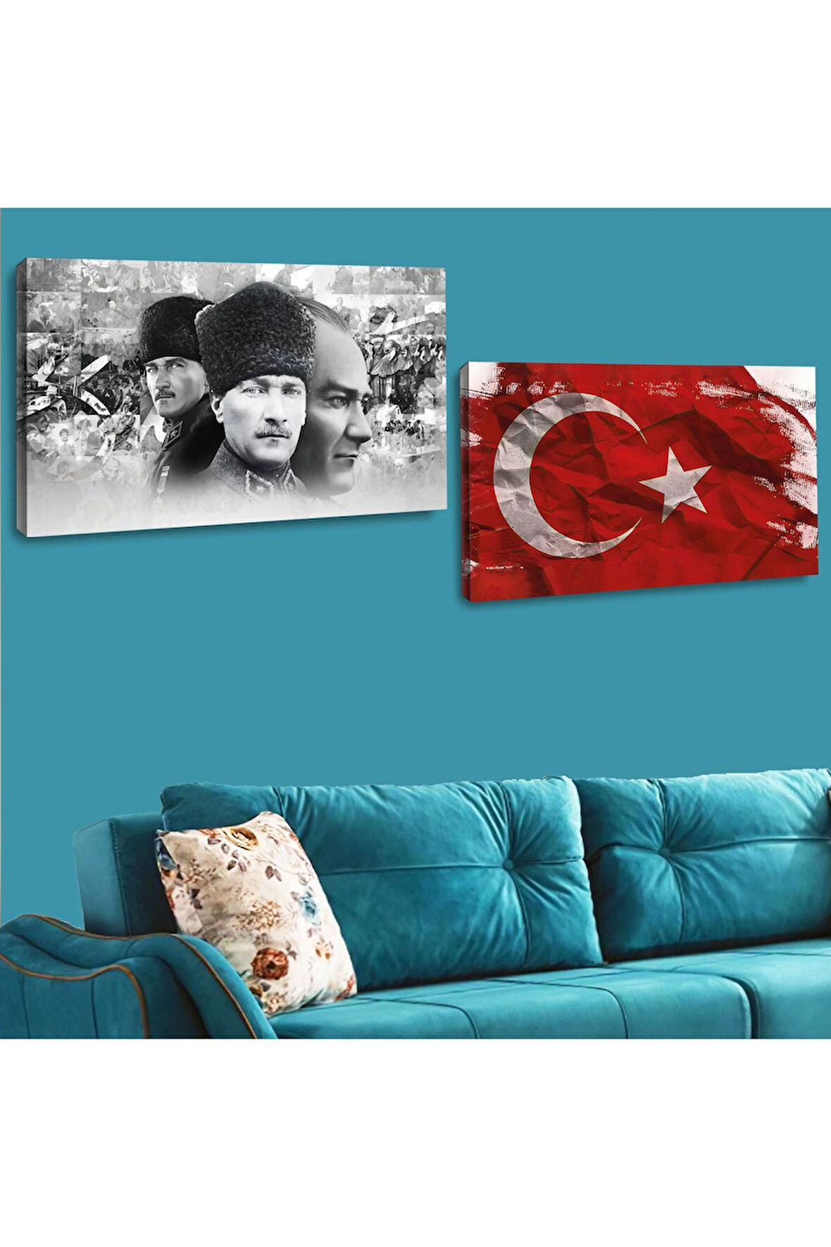 Zevahir Kanvas 2'li Atatürk Ve Türk Bayrağı Tablosu