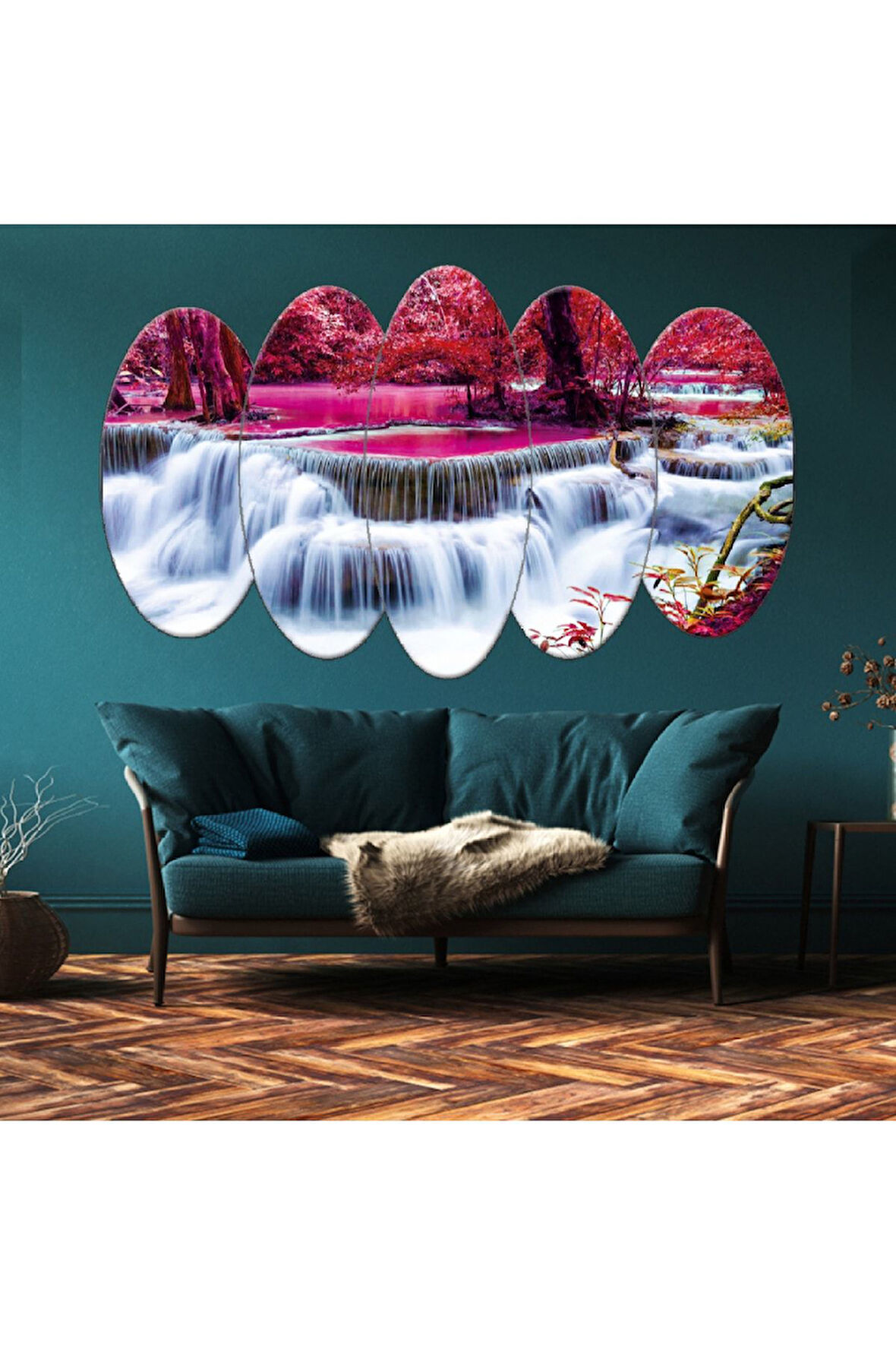 5 Parça Mdf Oval Kesim Şelale Manzara Tablo