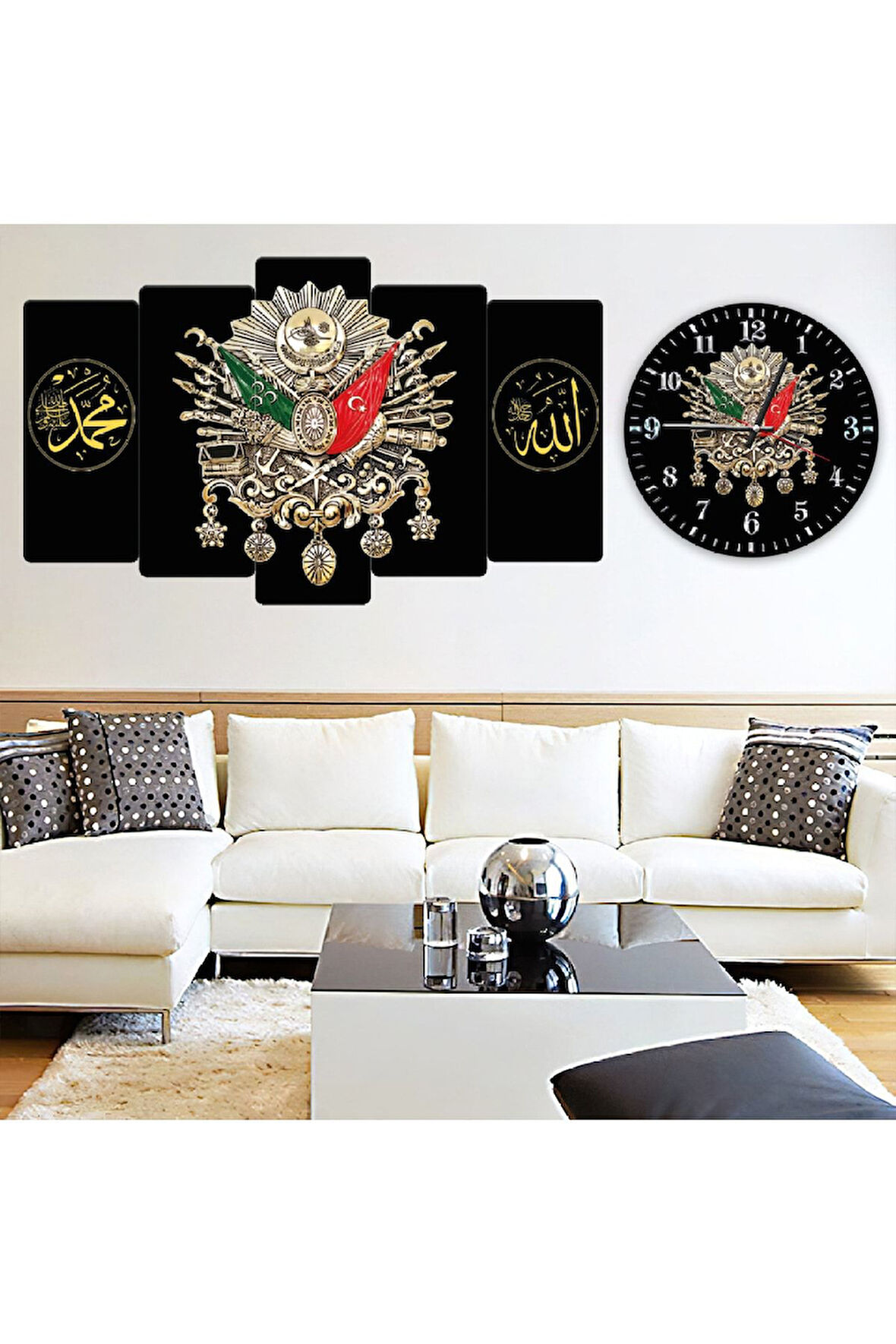 Zevahir 5 Parça Mdf Osmanlı Tuğrası Tablo Ve Mdf Saat Kombin