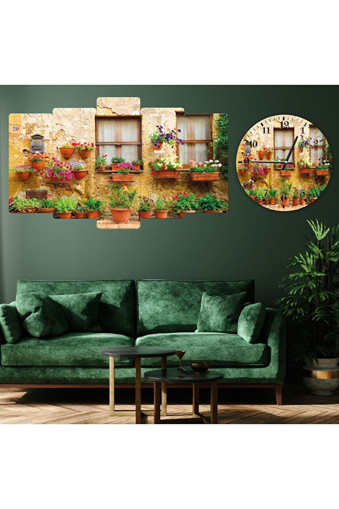 5 Parça Mdf Saksılı Pencere Manzara Tablo Ve Mdf Saat Kombin