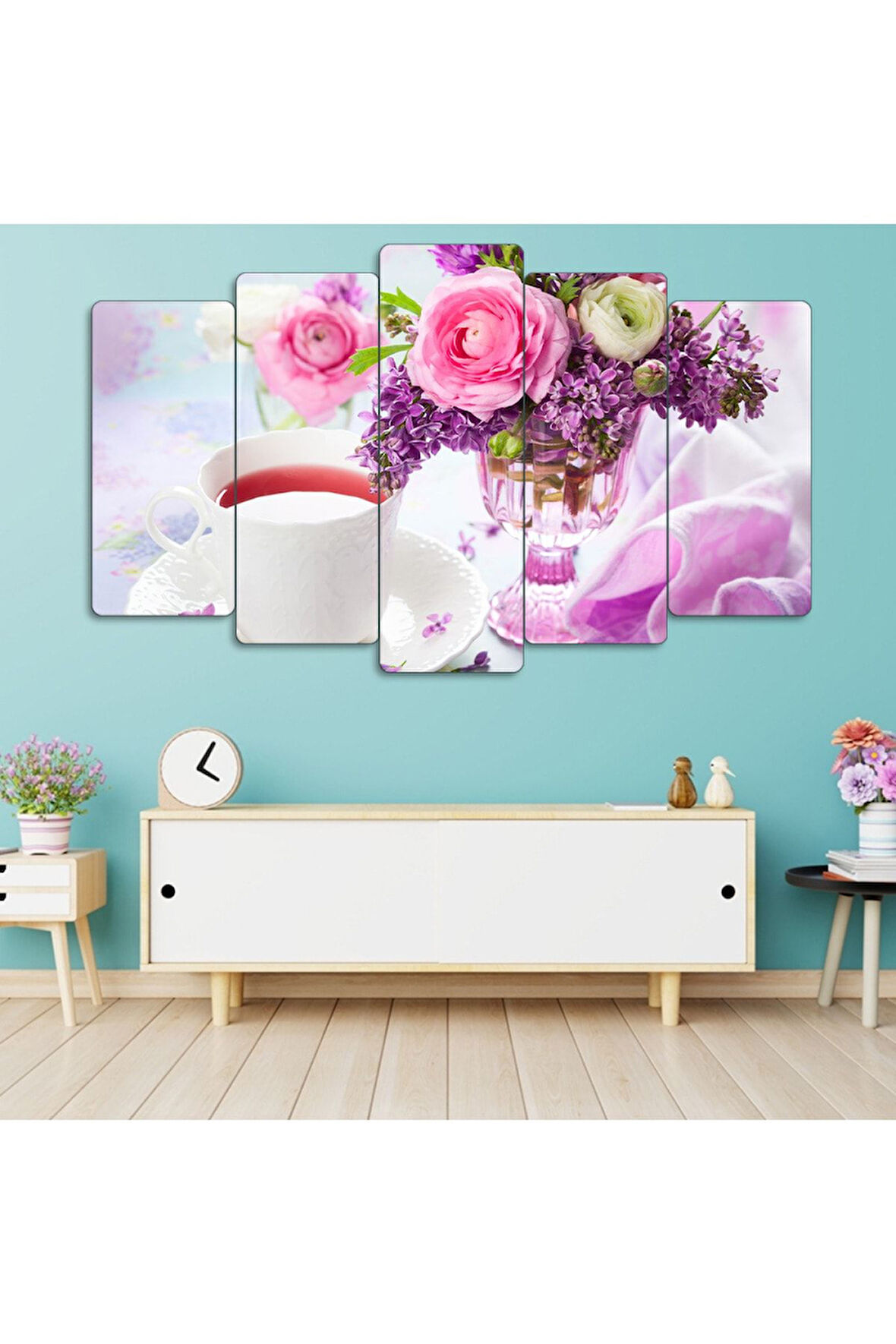 5 Parça Mdf Renkli Çiçekler Tablosu