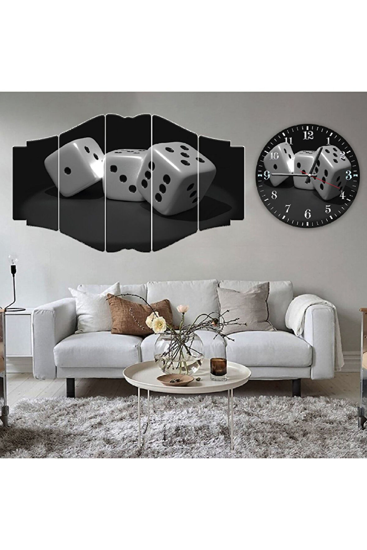 5 Parça Mdf 3'lü Zar Tablo ve Mdf Saat Kombin