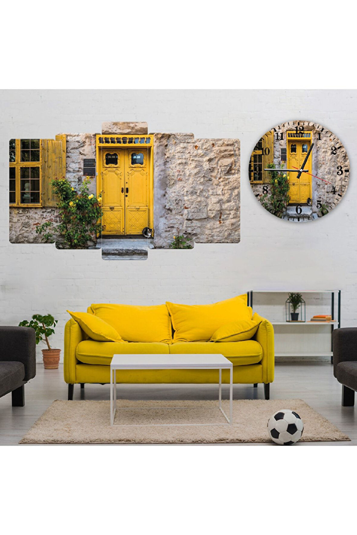 Zevahir 5 Parça Mdf Sarı Sokak Kapısı Tablo Ve Mdf Saat Kombin