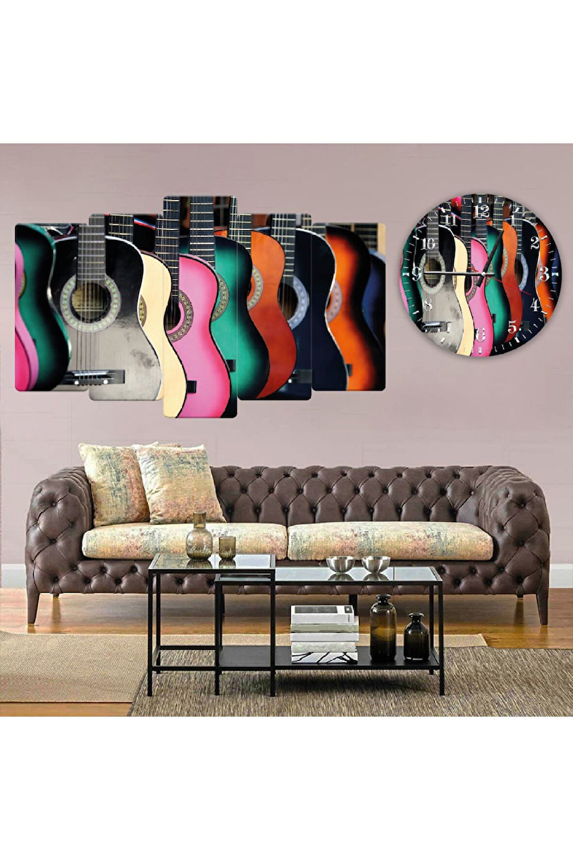 Zevahir 5 Parça Mdf Renkli Gitar Tablo Ve Mdf Saat Kombin