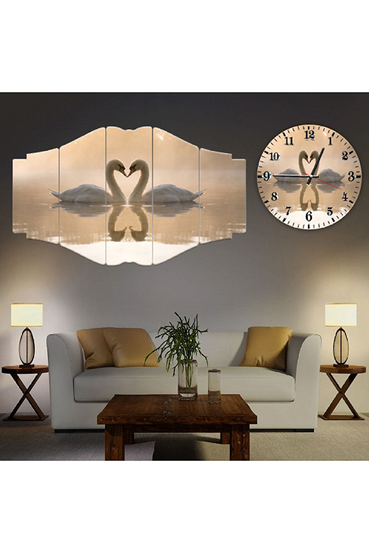 Zevahir 5 Parça Mdf Aşk Kuğuları Tablo Ve Mdf Saat Kombin