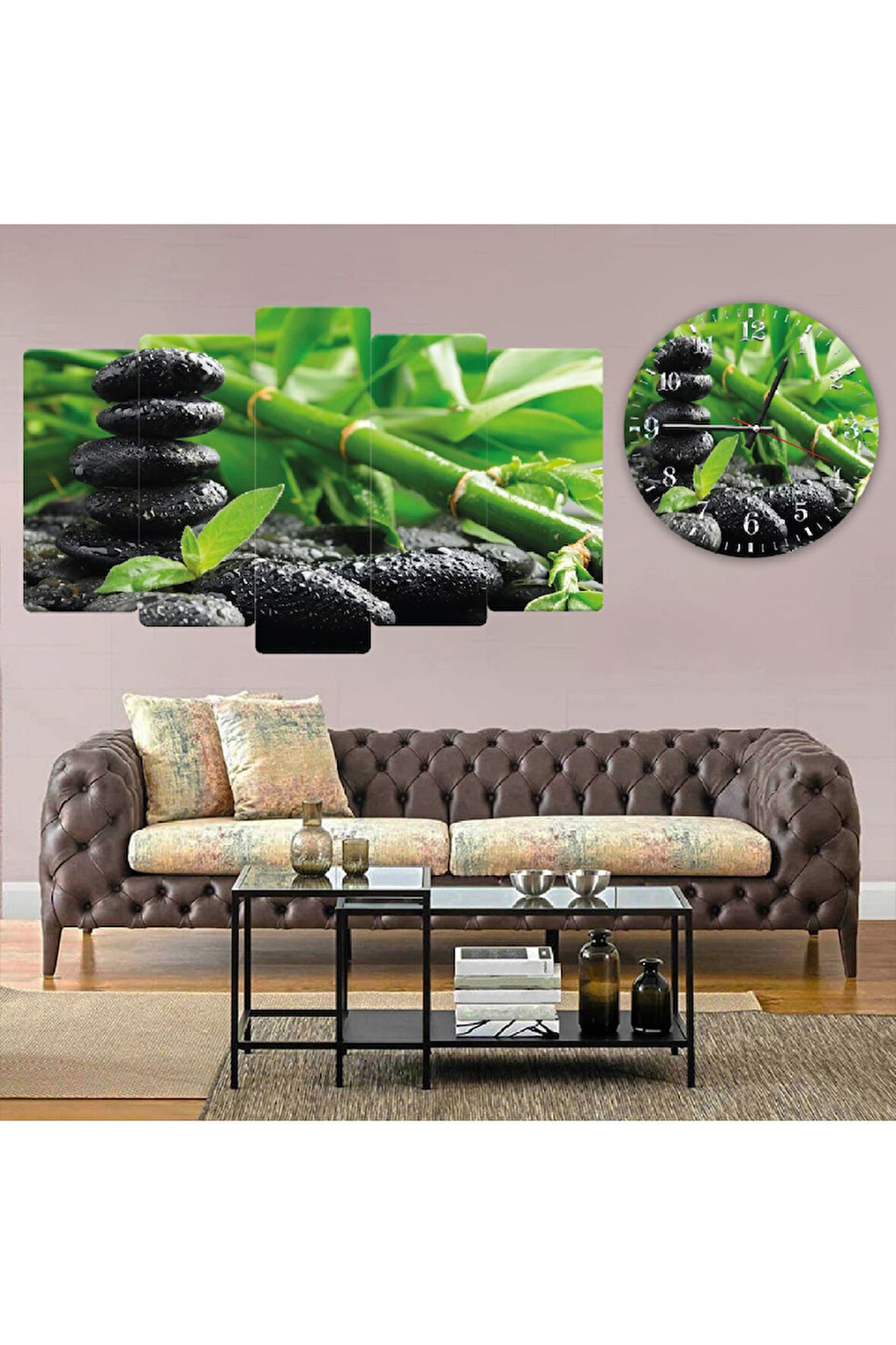 5 Parça Mdf Amazon Taşları Doğa Tablo ve Mdf Saat Kombin