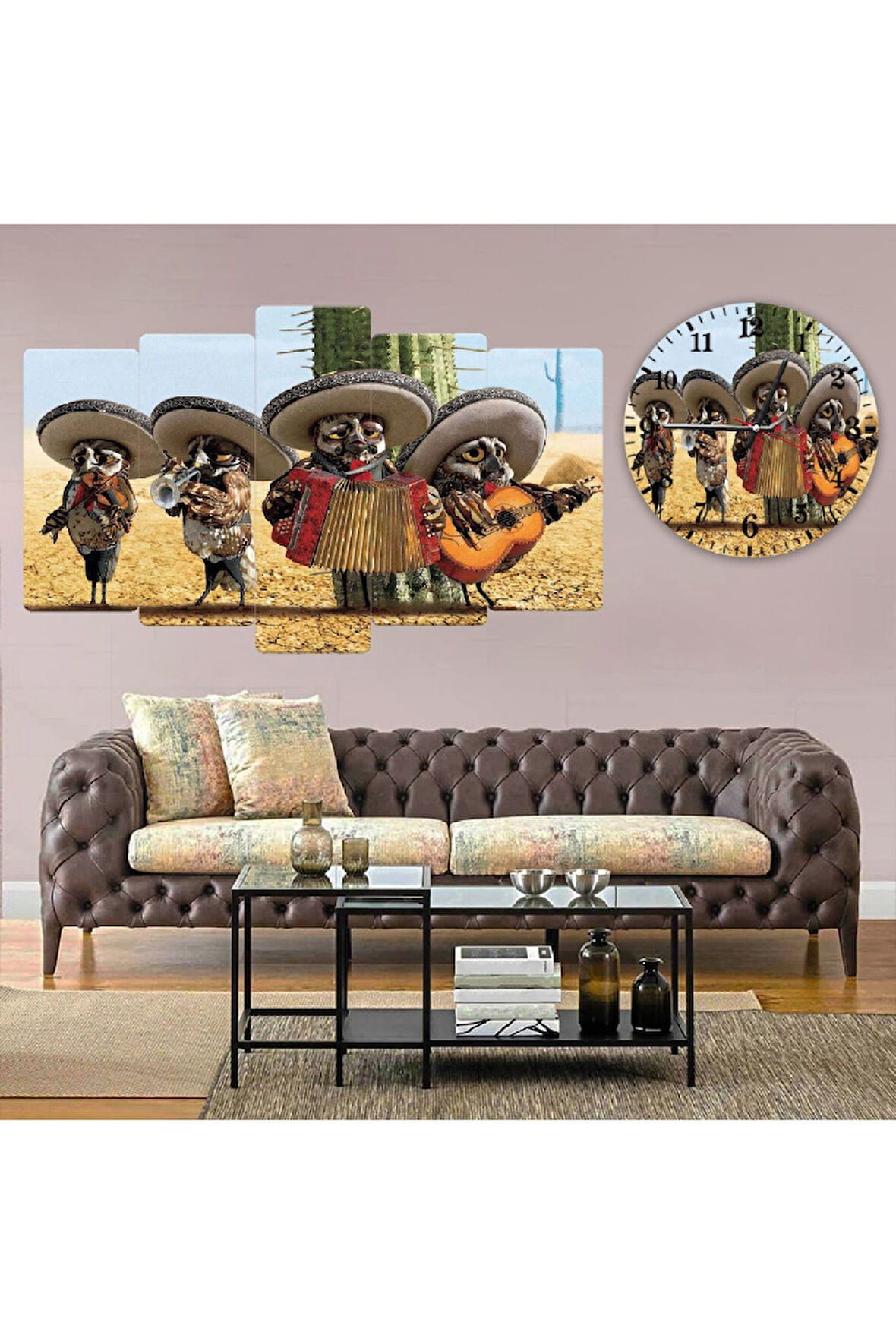 5 Parça Mdf Meksikalı Baykuşlar Tablo Ve Mdf Saat Kombin