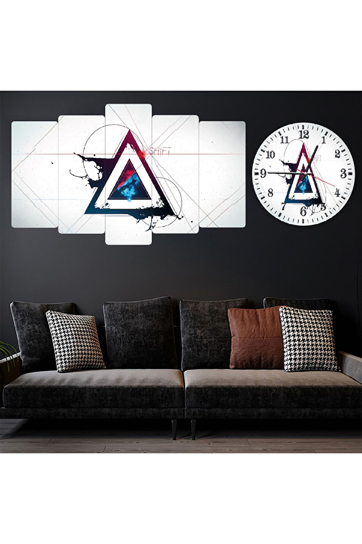 Zevahir 5 Parça Mdf Üçgen Görselli Modern Tablo Ve Mdf Saat Kombin