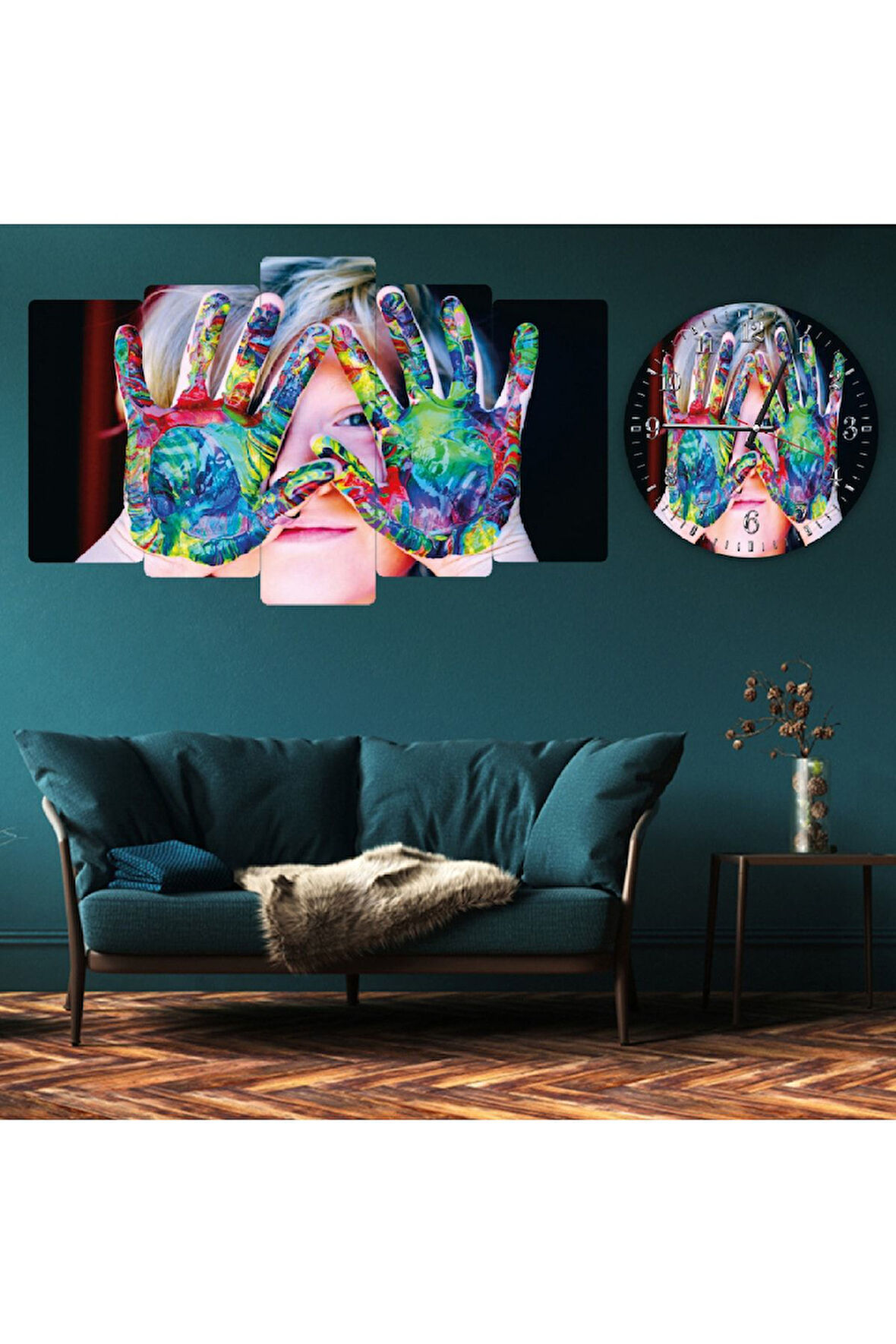 Zevahir 5 Parça Mdf Renkli Eller Tablo Ve Mdf Saat Kombin