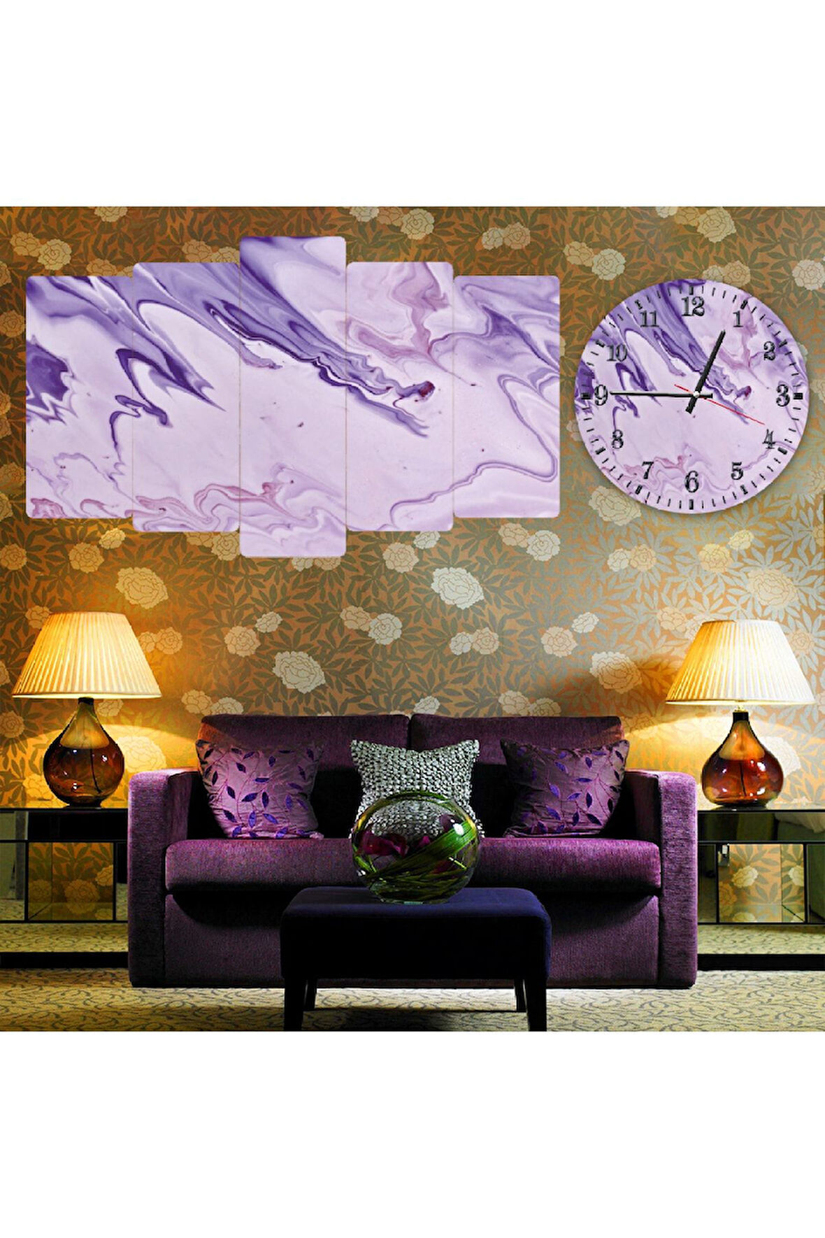 5 Parça Mdf Mor Beyaz Modern Tablo Ve Mdf Saat Kombin