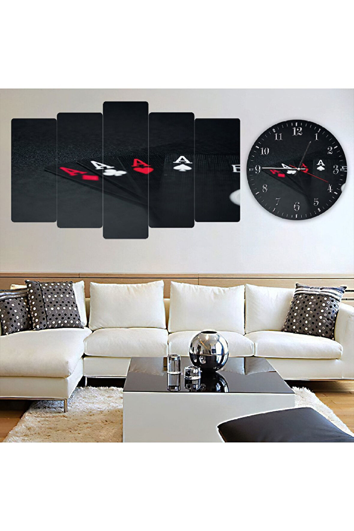 5 Parça Mdf Siyah Iskambil Kağıtları Tablo Ve Mdf Saat Kombin