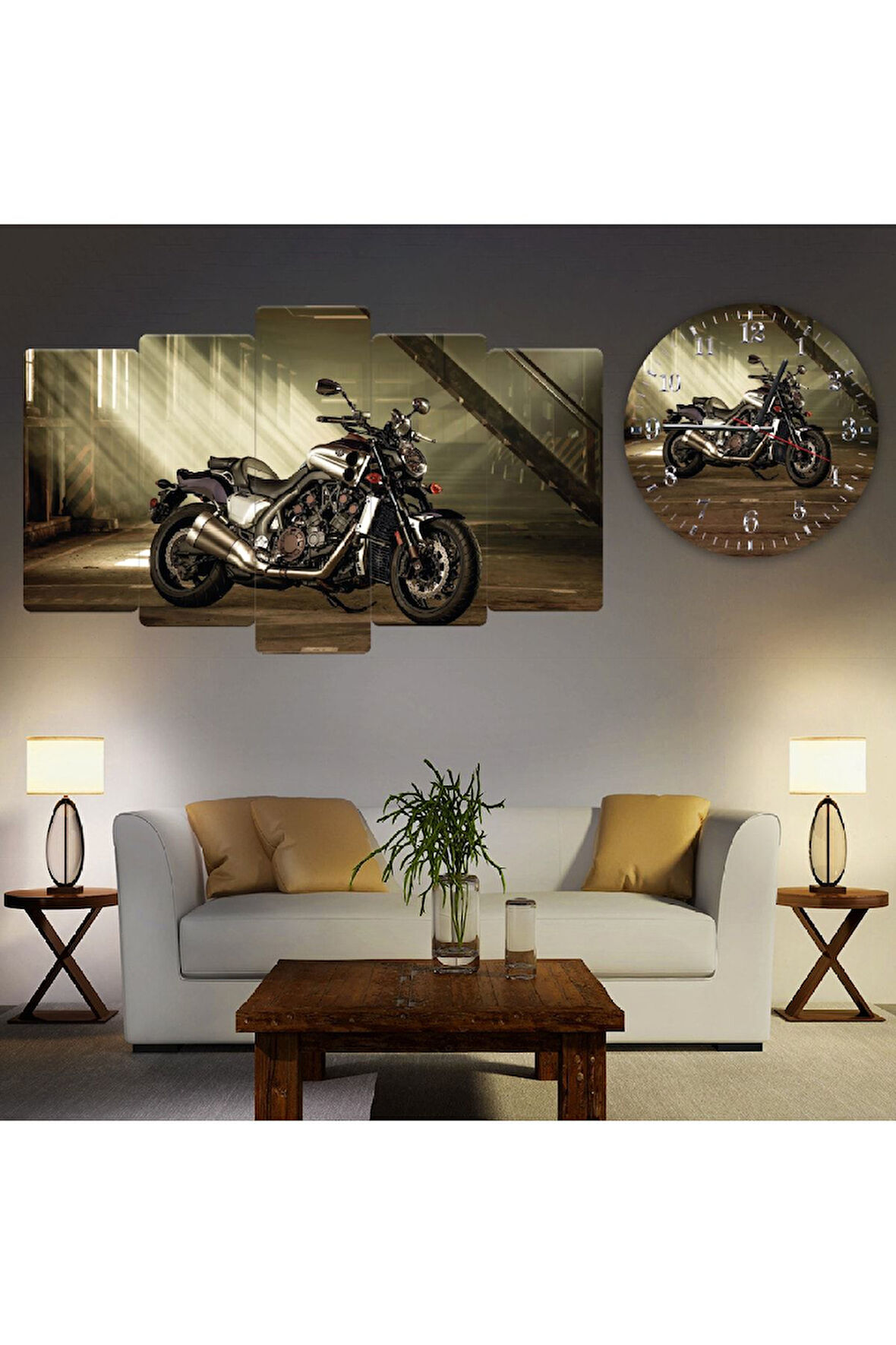 5 Parça Mdf Motorsiklet Görselli Tablo Ve Mdf Saat Kombin