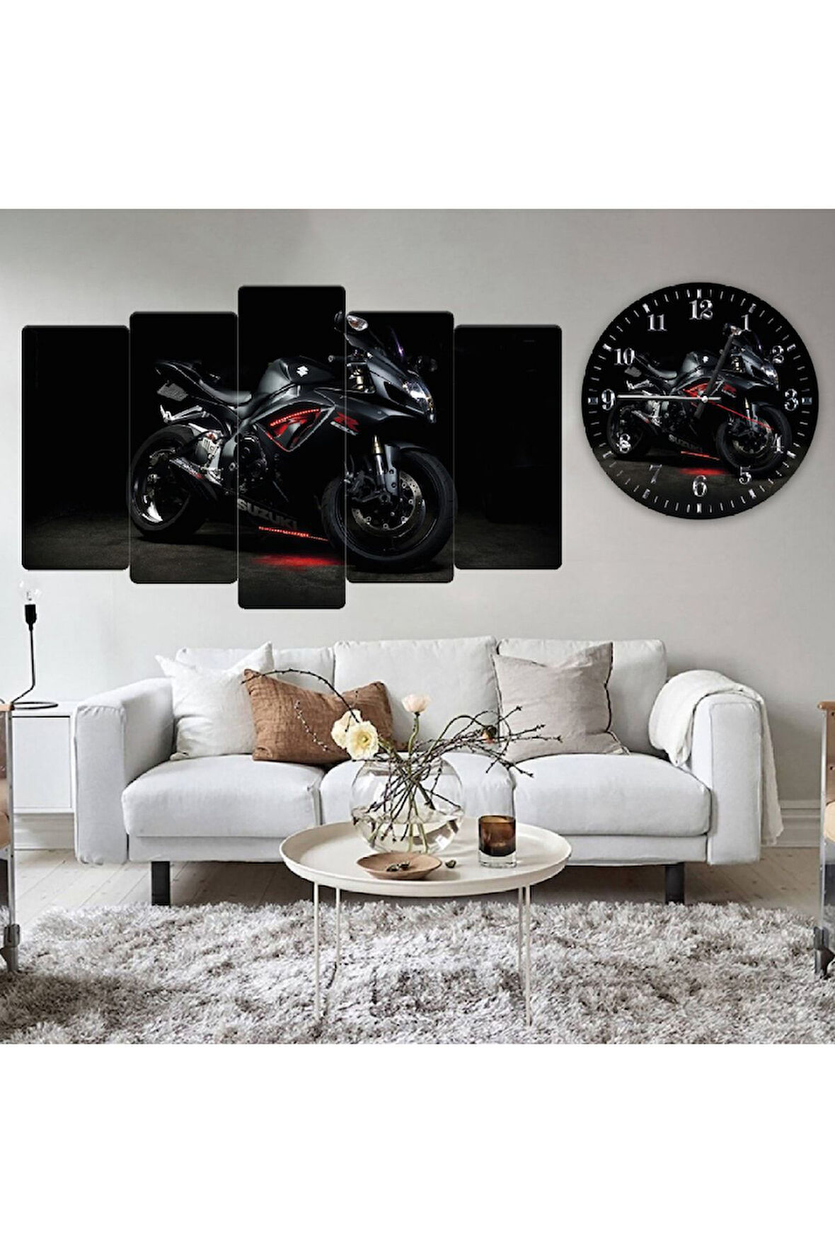 5 Parça Mdf Motorsiklet Görselli Tablo Ve Mdf Saat Kombin