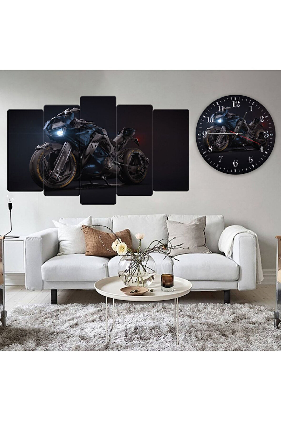 5 Parça Mdf Motorsiklet Görselli Tablo Ve Mdf Saat Kombin